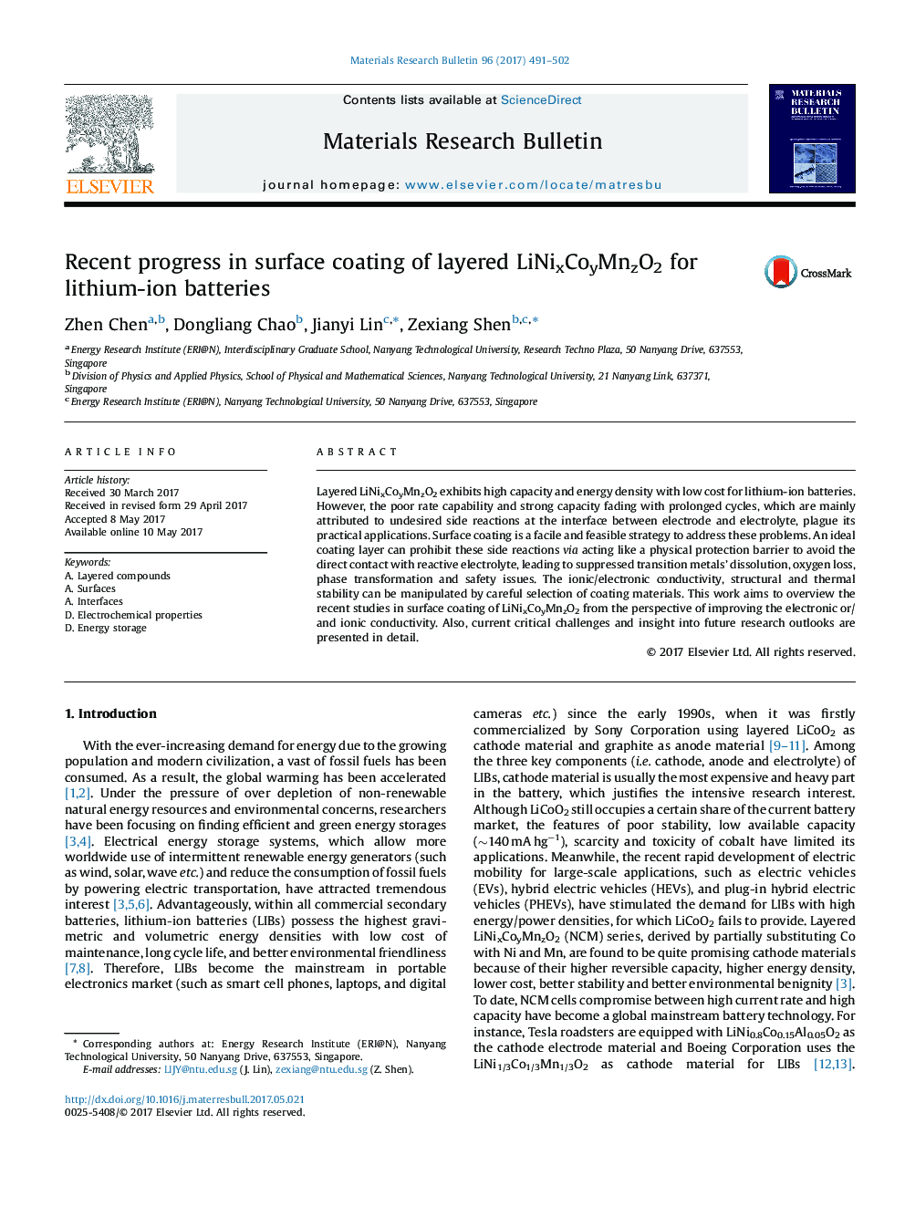 Recent progress in surface coating of layered LiNixCoyMnzO2 for lithium-ion batteries