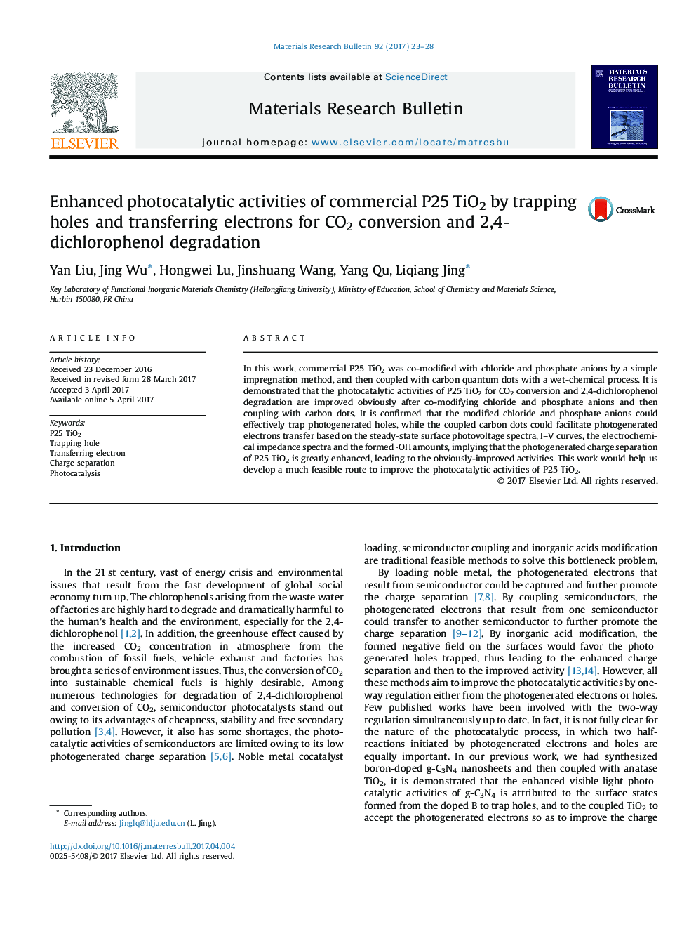 Enhanced photocatalytic activities of commercial P25 TiO2 by trapping holes and transferring electrons for CO2 conversion and 2,4-dichlorophenol degradation