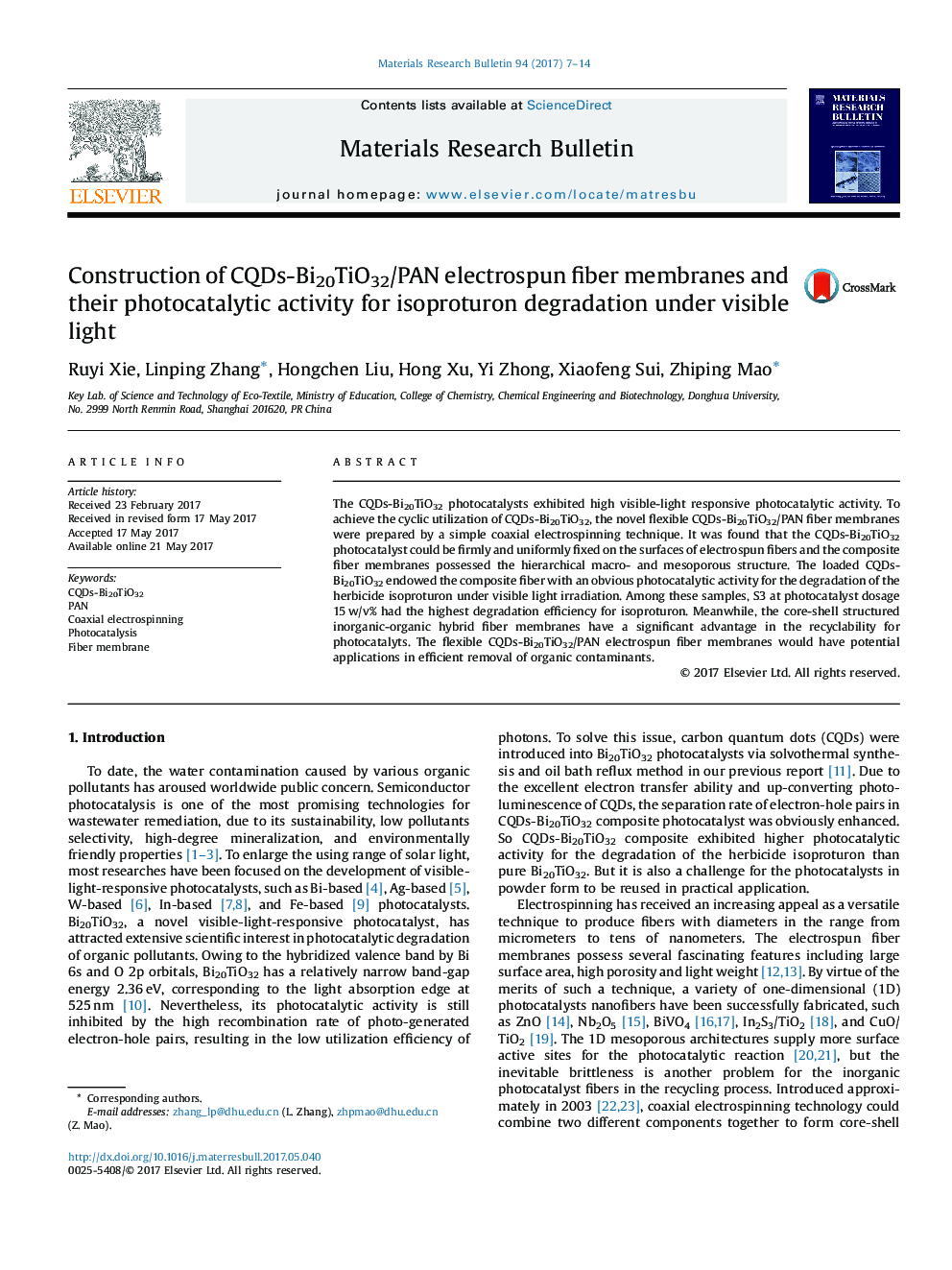 Construction of CQDs-Bi20TiO32/PAN electrospun fiber membranes and their photocatalytic activity for isoproturon degradation under visible light