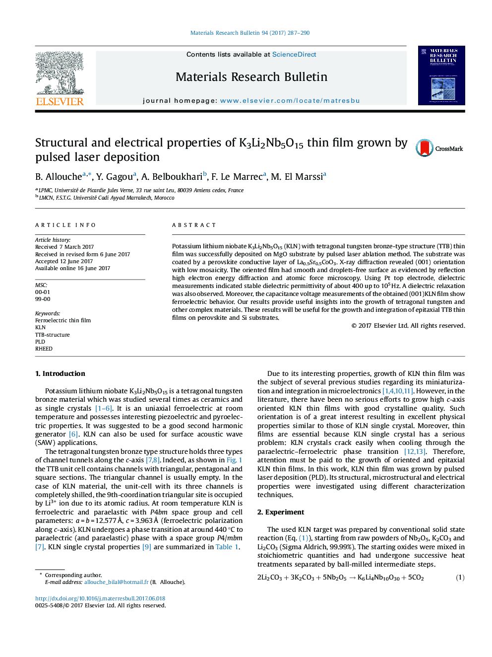 Structural and electrical properties of K3Li2Nb5O15 thin film grown by pulsed laser deposition