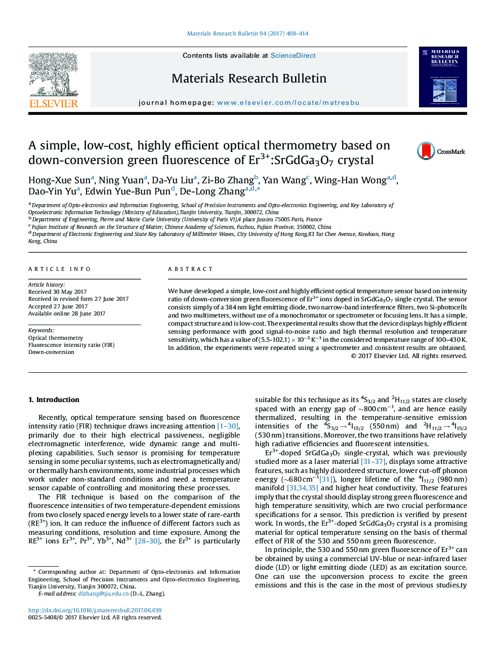 A simple, low-cost, highly efficient optical thermometry based on down-conversion green fluorescence of Er3+:SrGdGa3O7 crystal