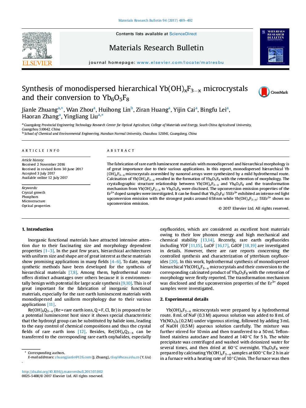 Synthesis of monodispersed hierarchical Yb(OH)xF3âx microcrystals and their conversion to Yb6O5F8