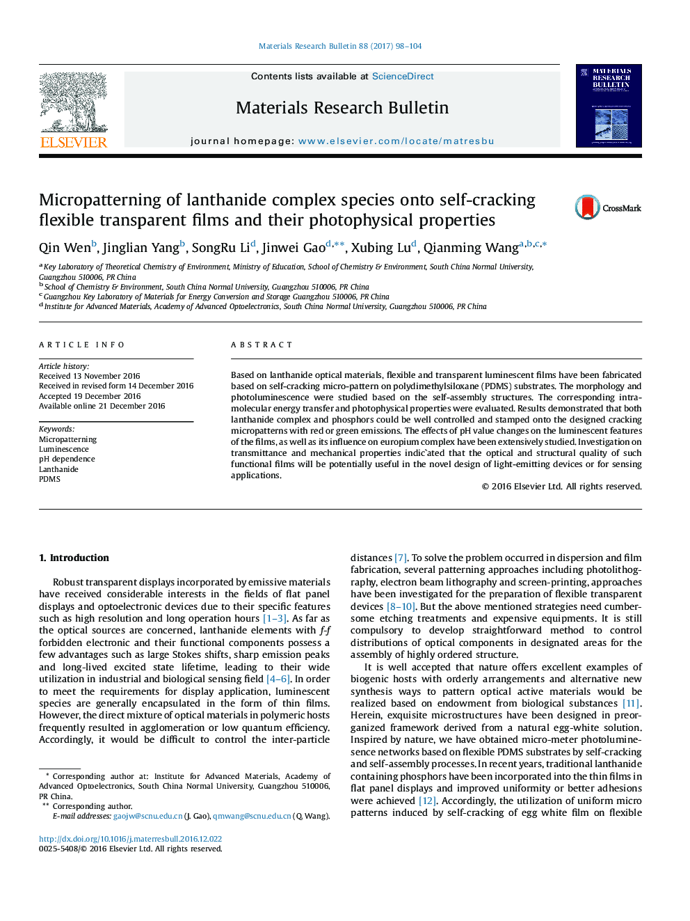 Micropatterning of lanthanide complex species onto self-cracking flexible transparent films and their photophysical properties