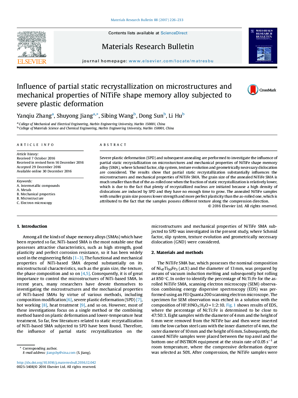 Influence of partial static recrystallization on microstructures and mechanical properties of NiTiFe shape memory alloy subjected to severe plastic deformation