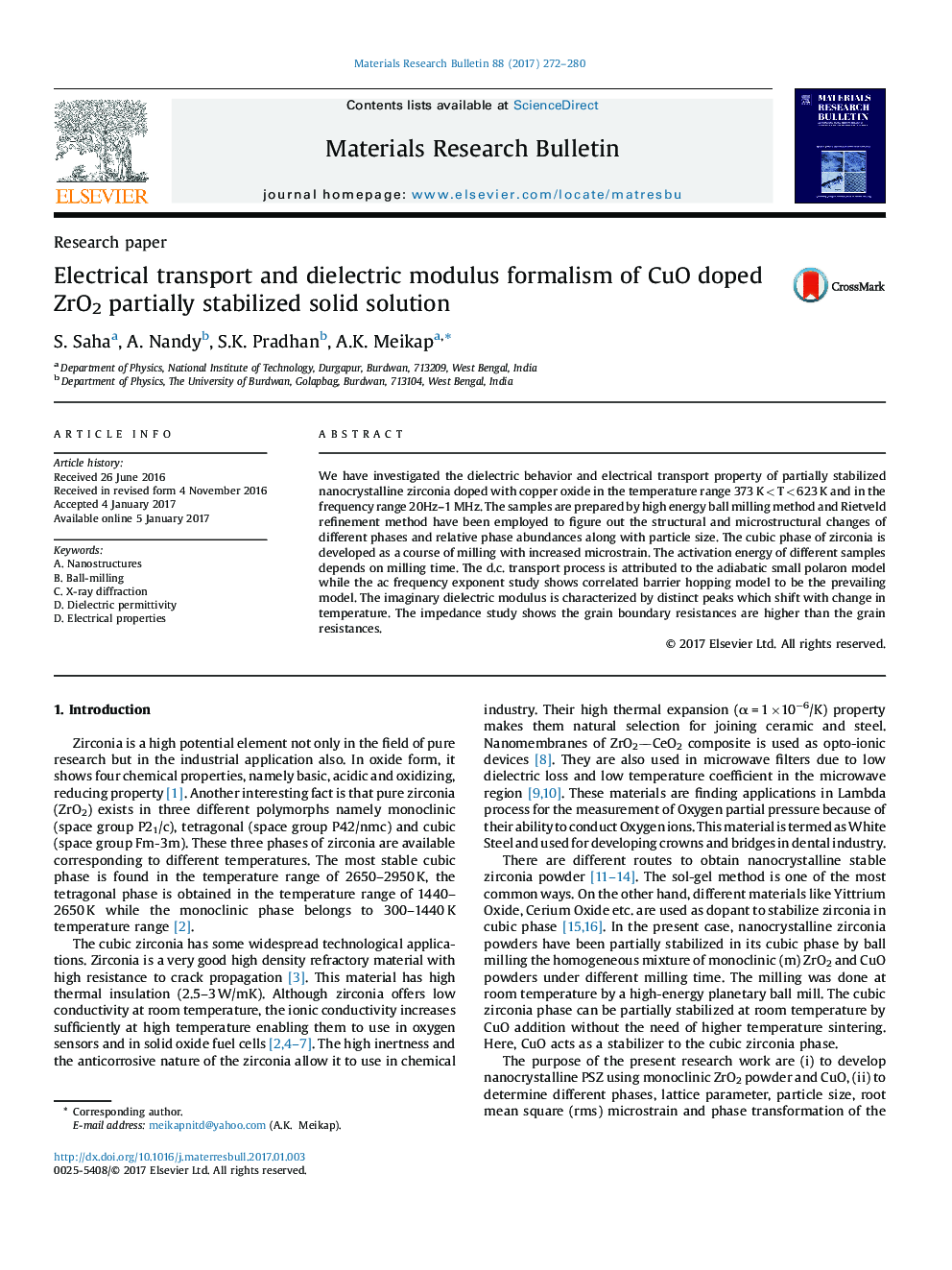 Research paperElectrical transport and dielectric modulus formalism of CuO doped ZrO2 partially stabilized solid solution