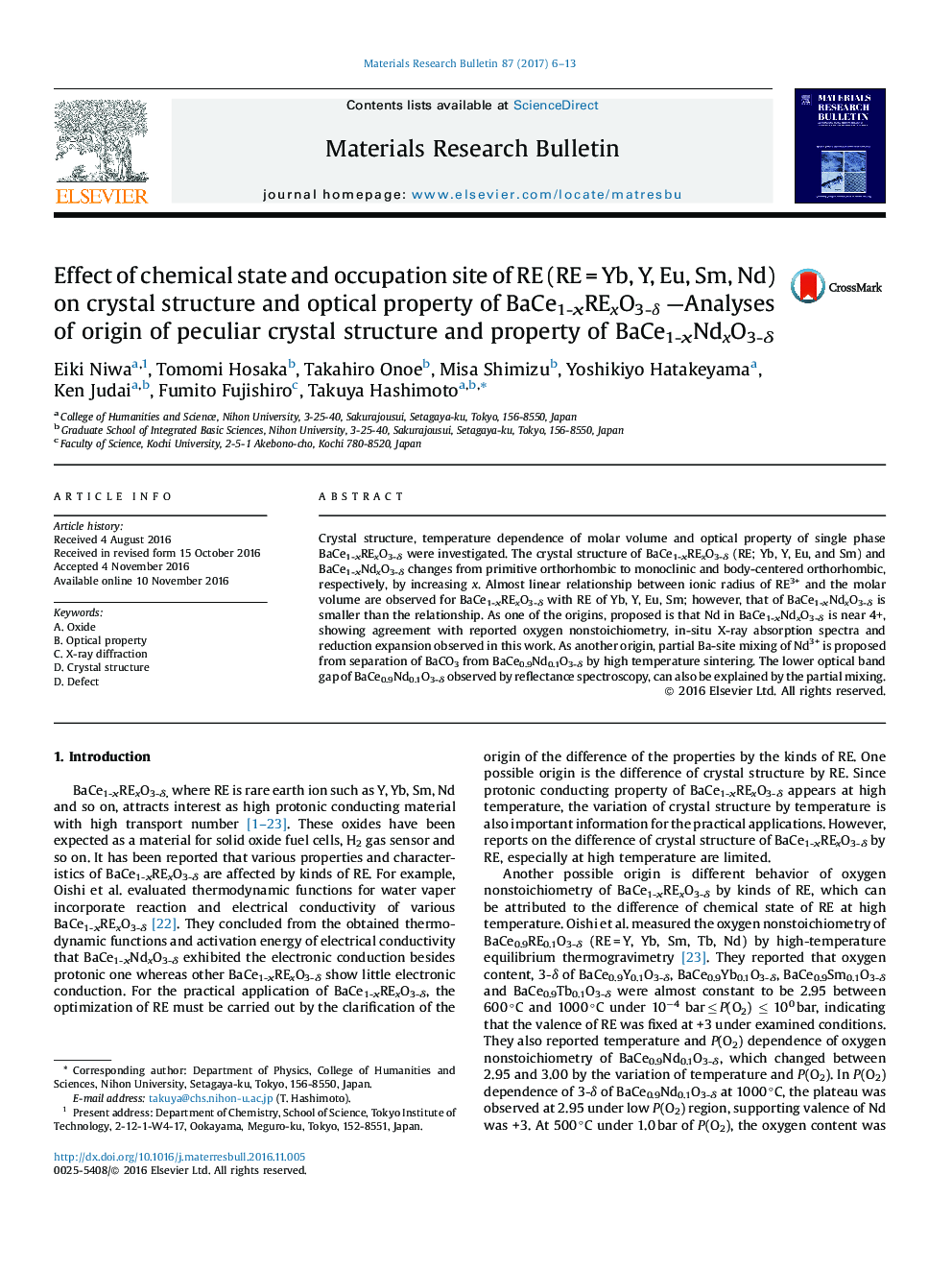 Effect of chemical state and occupation site of RE (REÂ =Â Yb, Y, Eu, Sm, Nd) on crystal structure and optical property of BaCe1-xRExO3-Î´ -Analyses of origin of peculiar crystal structure and property of BaCe1-xNdxO3-Î´