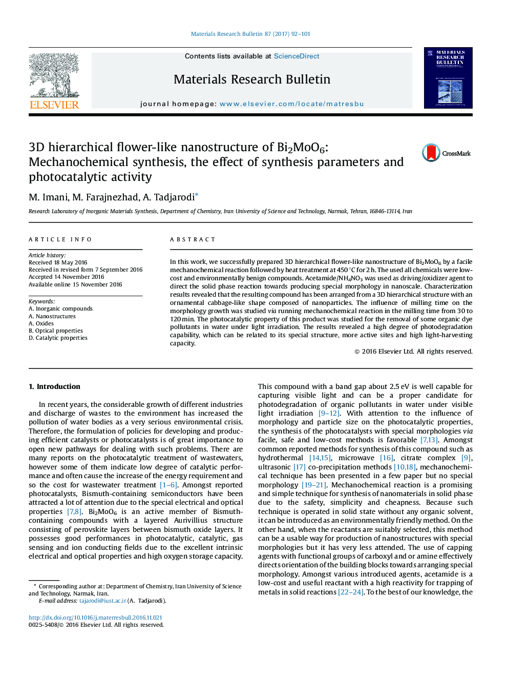 3D hierarchical flower-like nanostructure of Bi2MoO6: Mechanochemical synthesis, the effect of synthesis parameters and photocatalytic activity