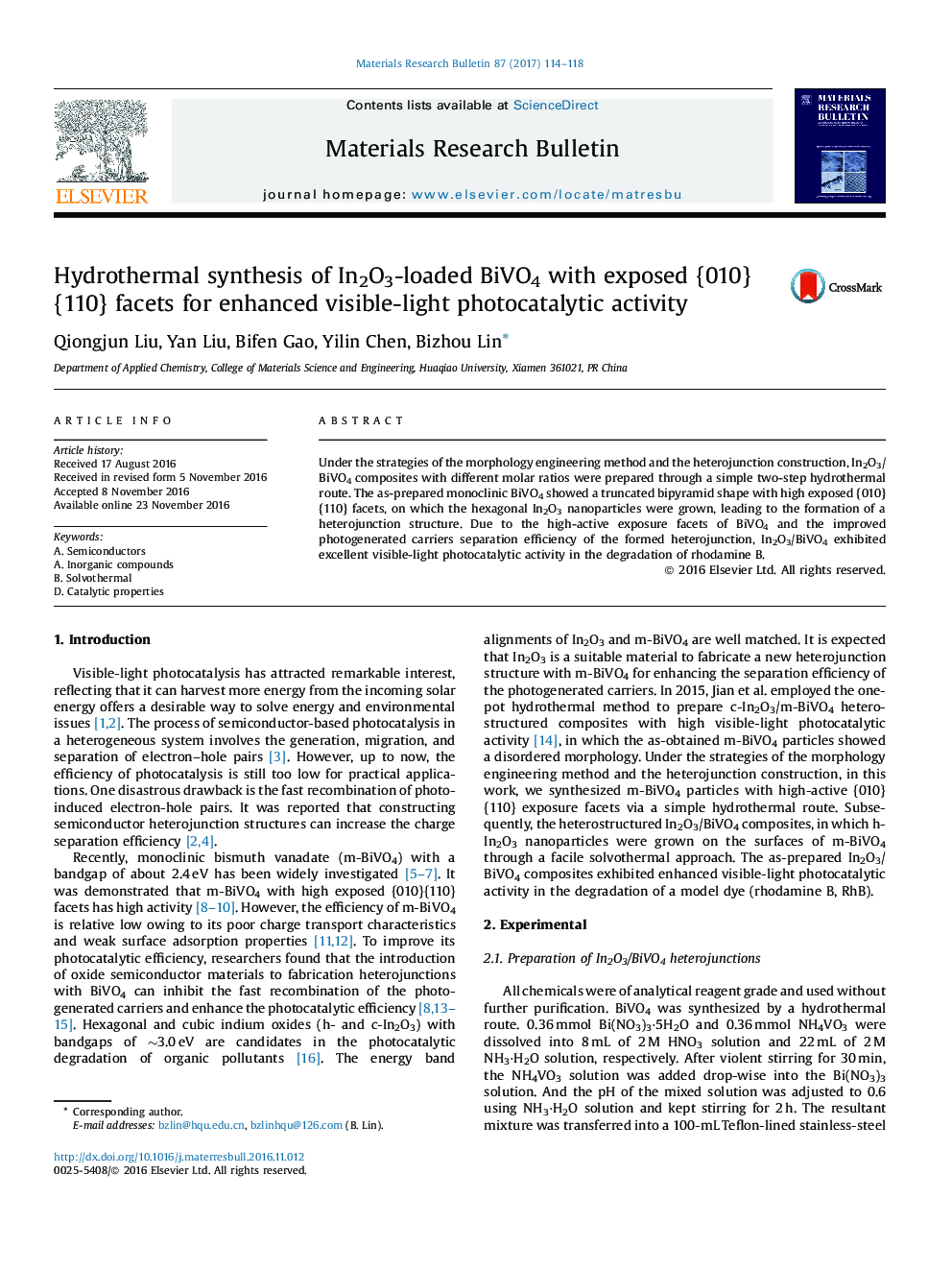 Hydrothermal synthesis of In2O3-loaded BiVO4 with exposed {010}{110} facets for enhanced visible-light photocatalytic activity