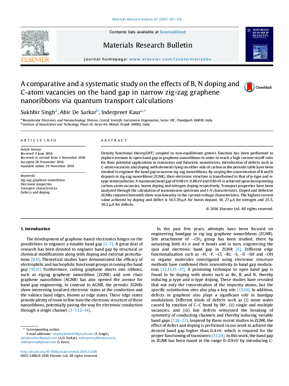 عکس صفحه اول مقاله: A comparative and a systematic study on the effects of B, N doping and C-atom vacancies on the band gap in narrow zig-zag graphene nanoribbons via quantum transport calculations A comparative and a systematic study on the effects of B, N doping and C-atom vacancies on the band gap in narrow zig-zag graphene nanoribbons via quantum transport calculations