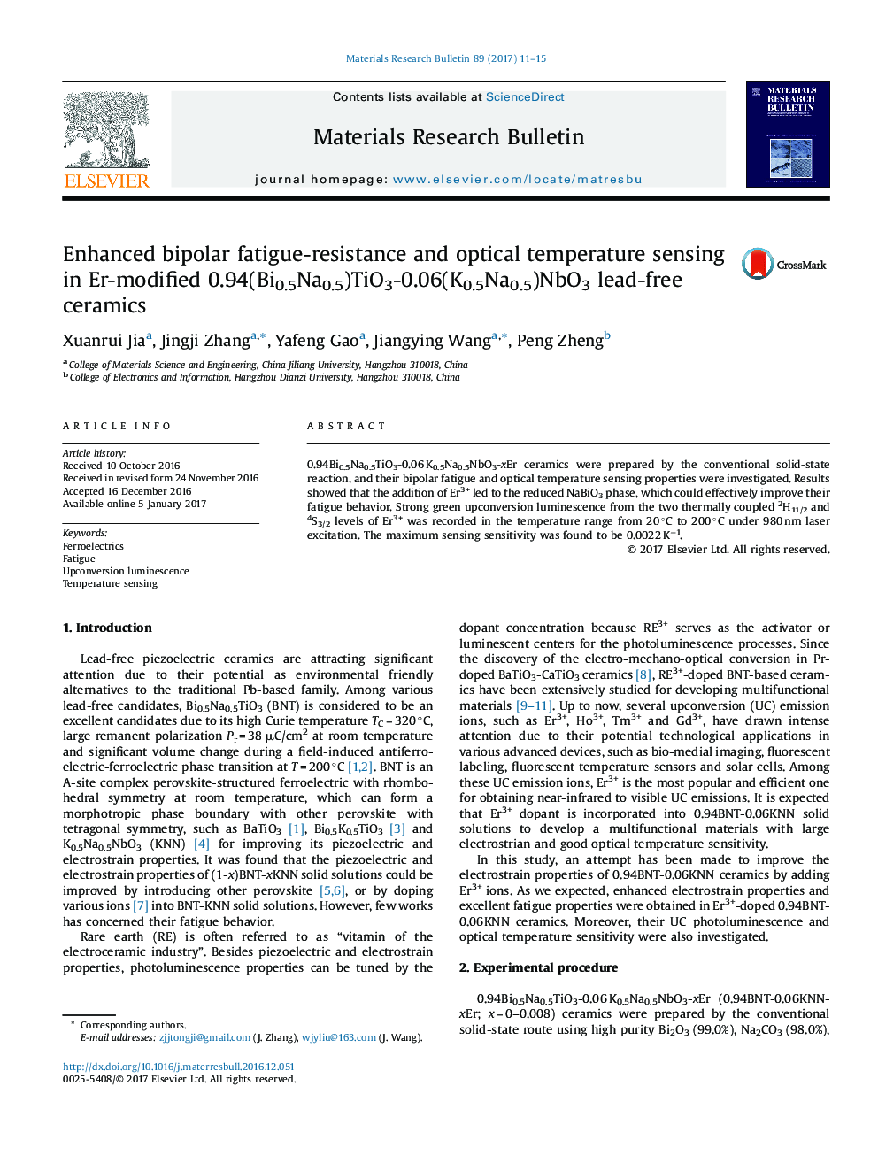 Enhanced bipolar fatigue-resistance and optical temperature sensing in Er-modified 0.94(Bi0.5Na0.5)TiO3-0.06(K0.5Na0.5)NbO3 lead-free ceramics