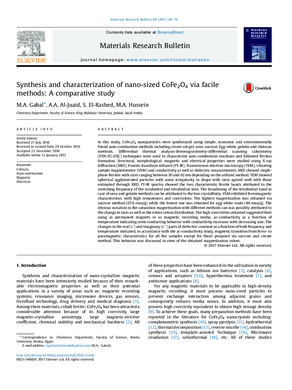 Synthesis and characterization of nano-sized CoFe2O4 via facile methods: A comparative study