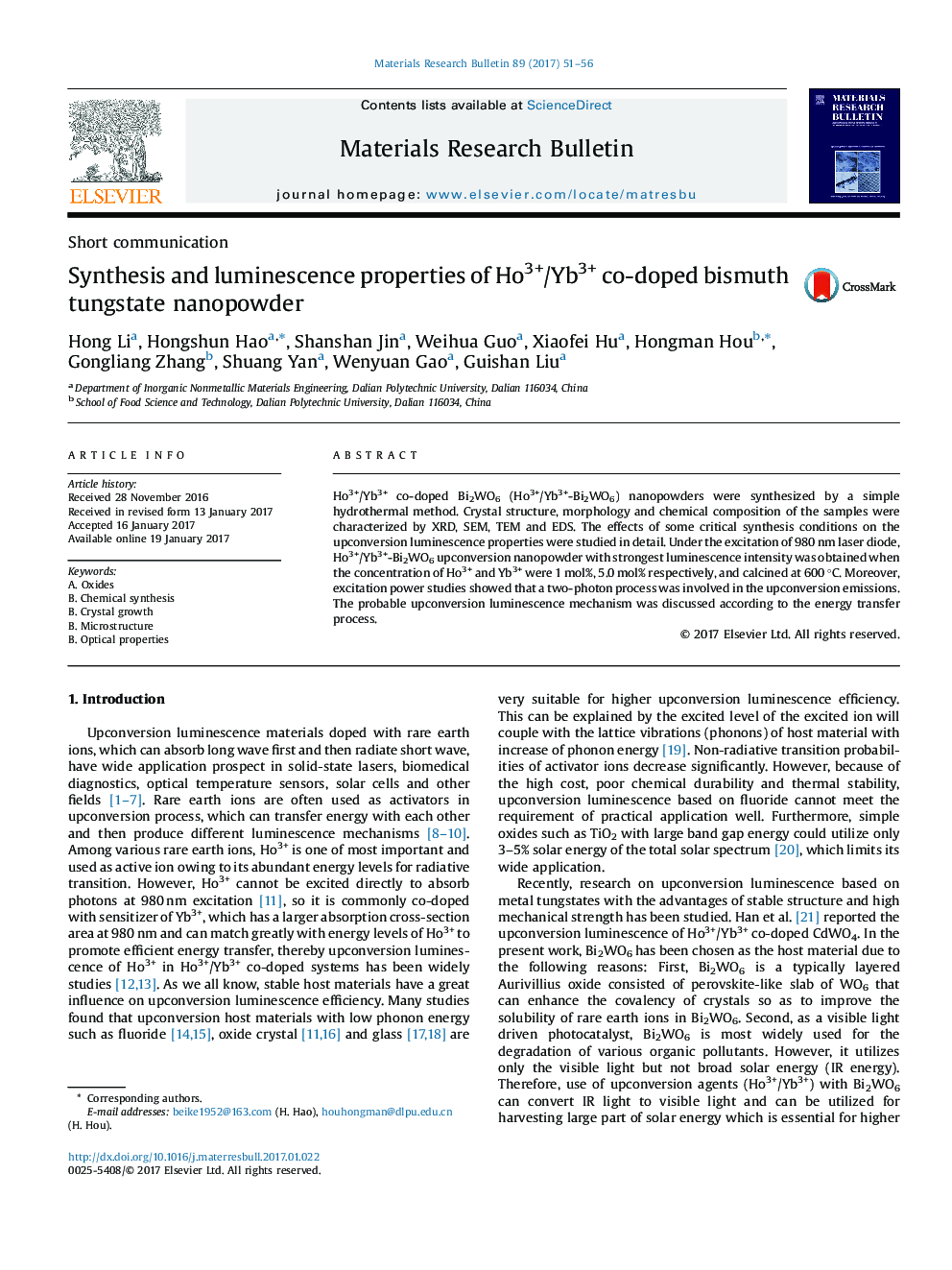 Synthesis and luminescence properties of Ho3+/Yb3+ co-doped bismuth tungstate nanopowder