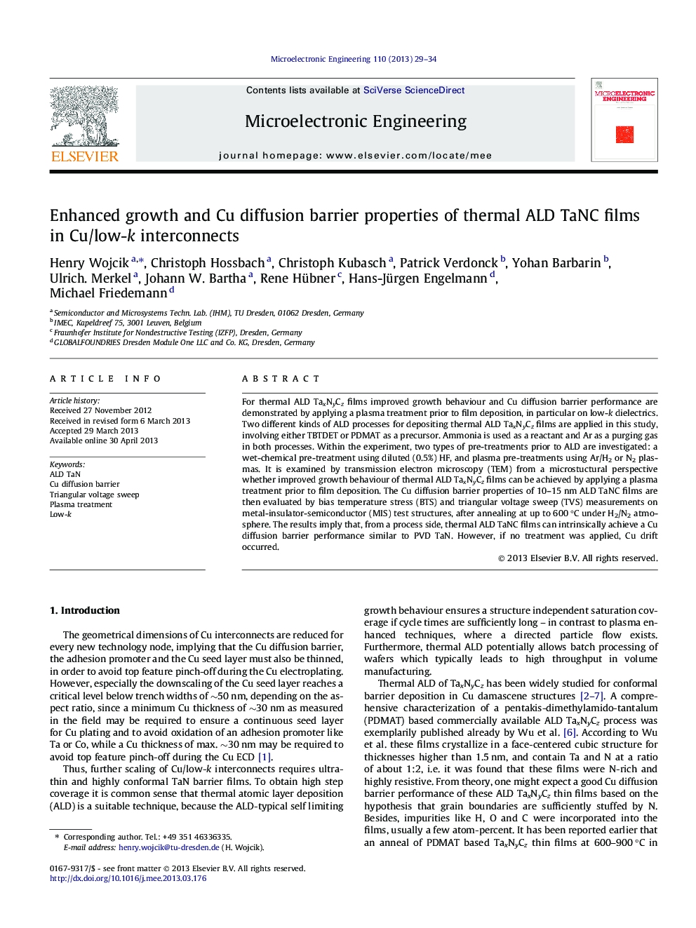 Enhanced growth and Cu diffusion barrier properties of thermal ALD TaNC films in Cu/low-k interconnects