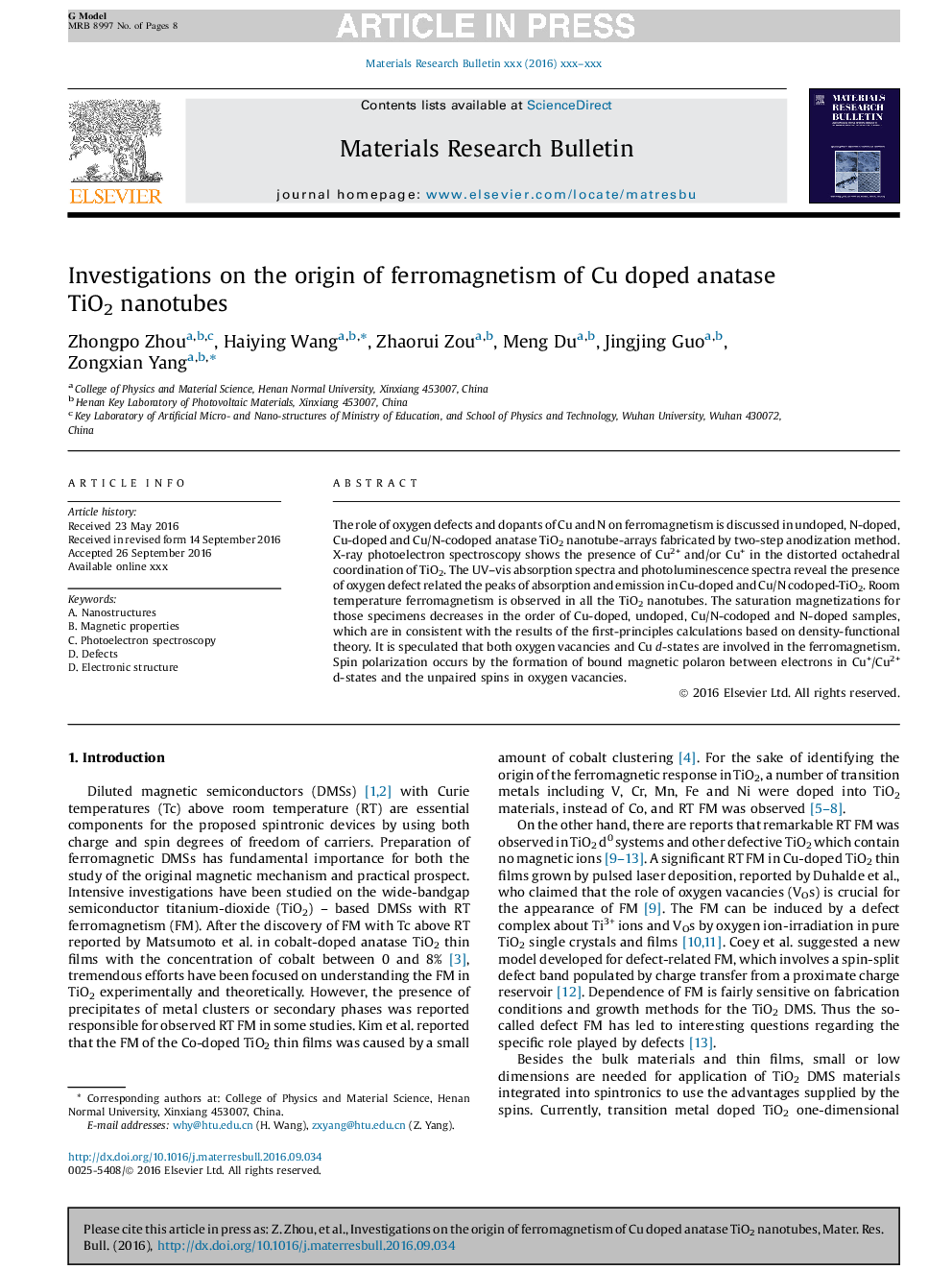 عکس صفحه اول مقاله: Investigations on the origin of ferromagnetism of Cu doped anatase TiO2 nanotubes Investigations on the origin of ferromagnetism of Cu doped anatase TiO2 nanotubes