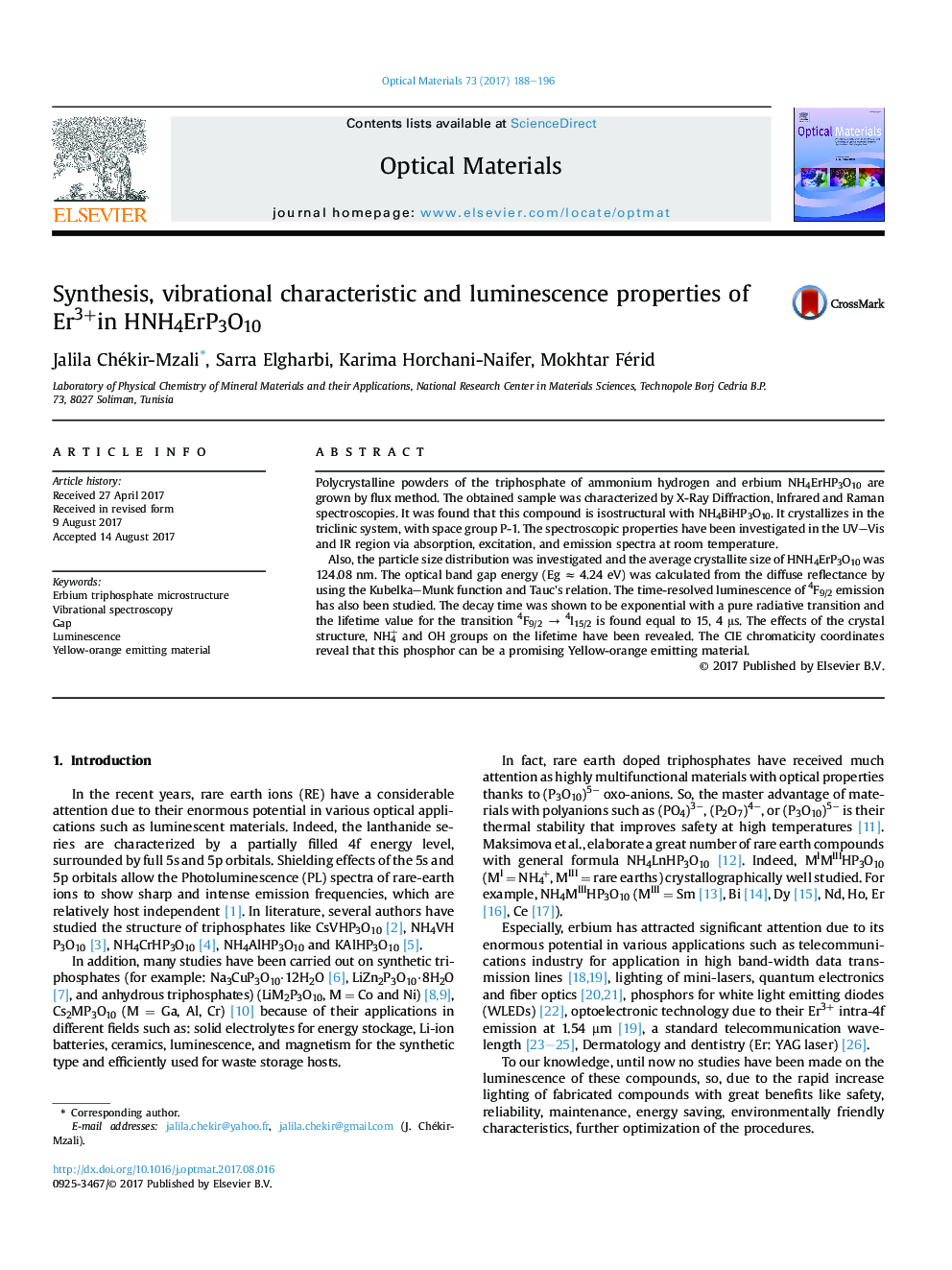 Synthesis, vibrational characteristic and luminescence properties of Er3+in HNH4ErP3O10