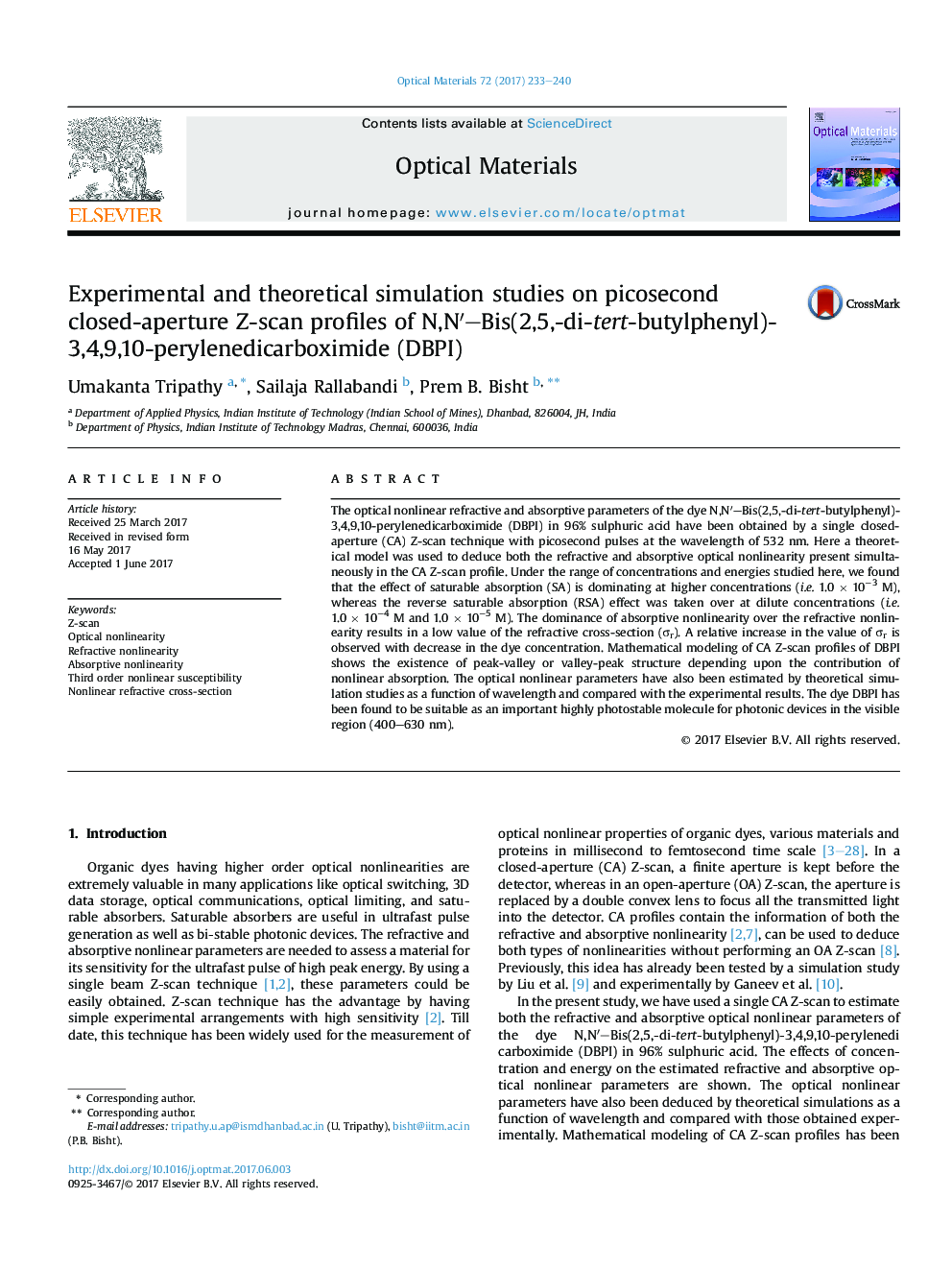 Experimental and theoretical simulation studies on picosecond closed-aperture Z-scan profiles of N,Nâ²-Bis(2,5,-di-tert-butylphenyl)-3,4,9,10-perylenedicarboximide (DBPI)