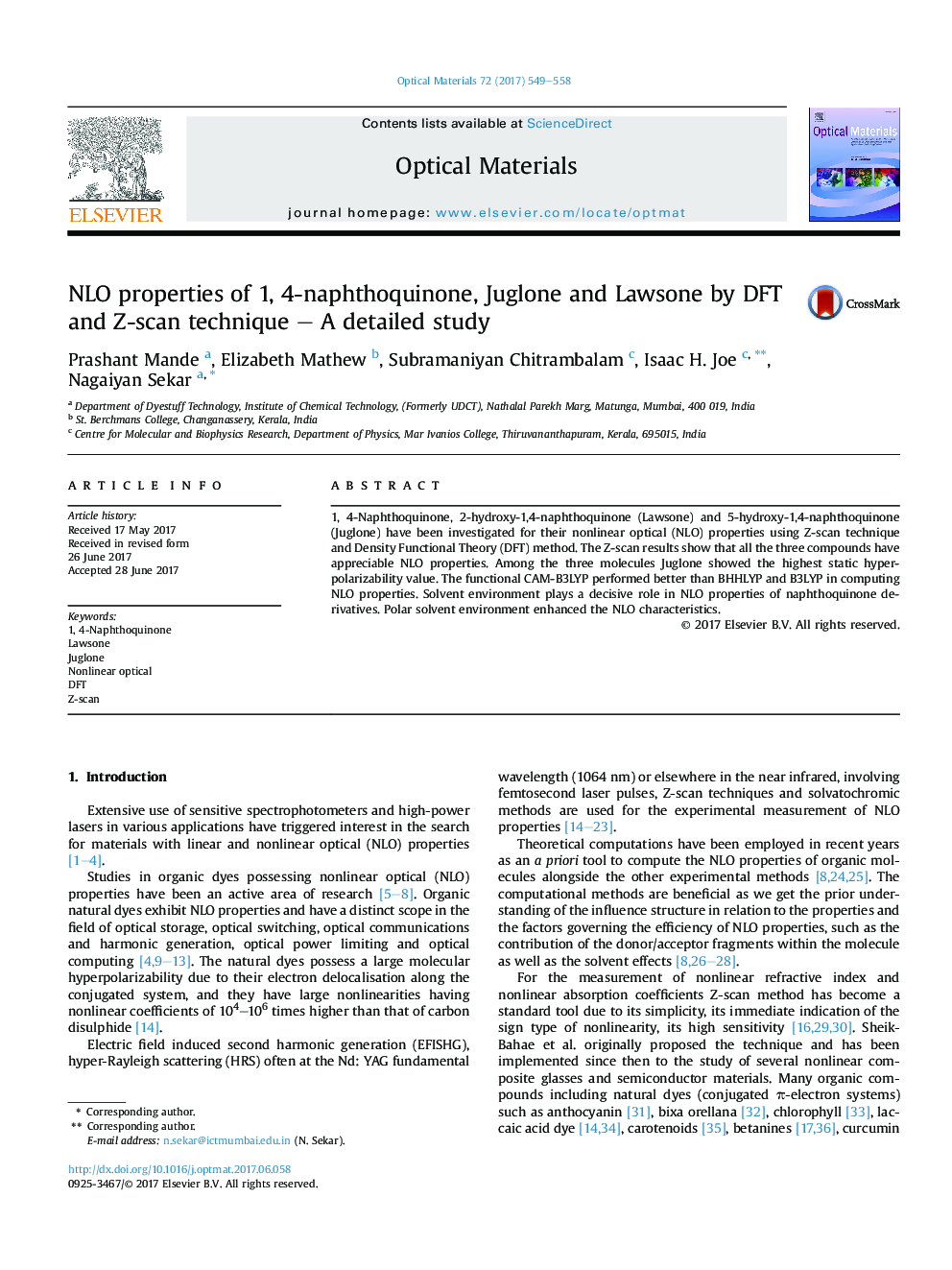 NLO properties of 1, 4-naphthoquinone, Juglone and Lawsone by DFT and Z-scan technique - A detailed study