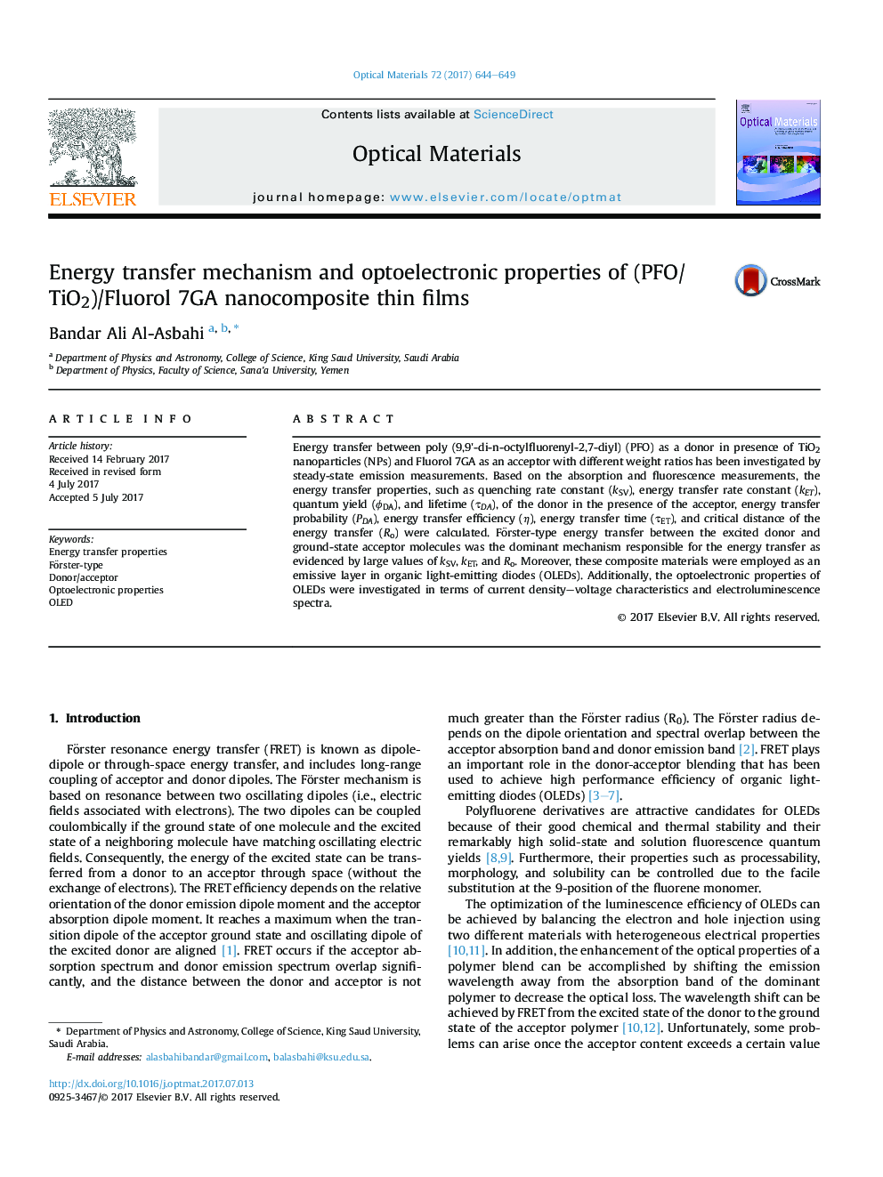 Energy transfer mechanism and optoelectronic properties of (PFO/TiO2)/Fluorol 7GA nanocomposite thin films