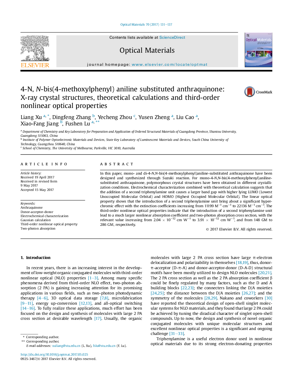 4-N, N-bis(4-methoxylphenyl) aniline substituted anthraquinone: X-ray crystal structures, theoretical calculations and third-order nonlinear optical properties