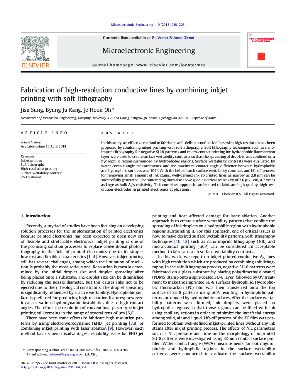 Fabrication of high-resolution conductive lines by combining inkjet printing with soft lithography