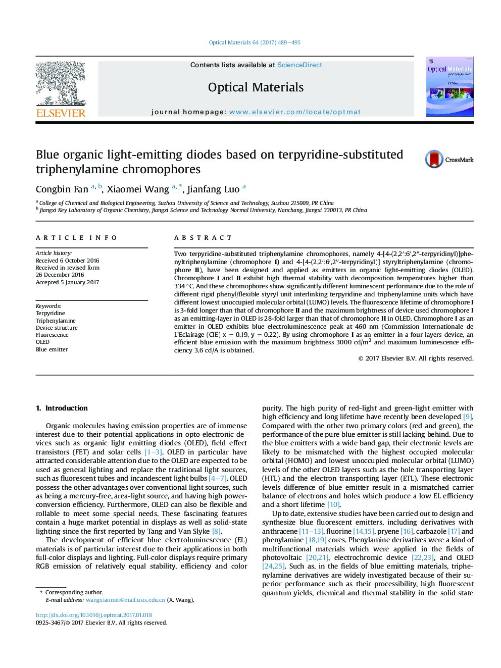 Blue organic light-emitting diodes based on terpyridine-substituted triphenylamine chromophores