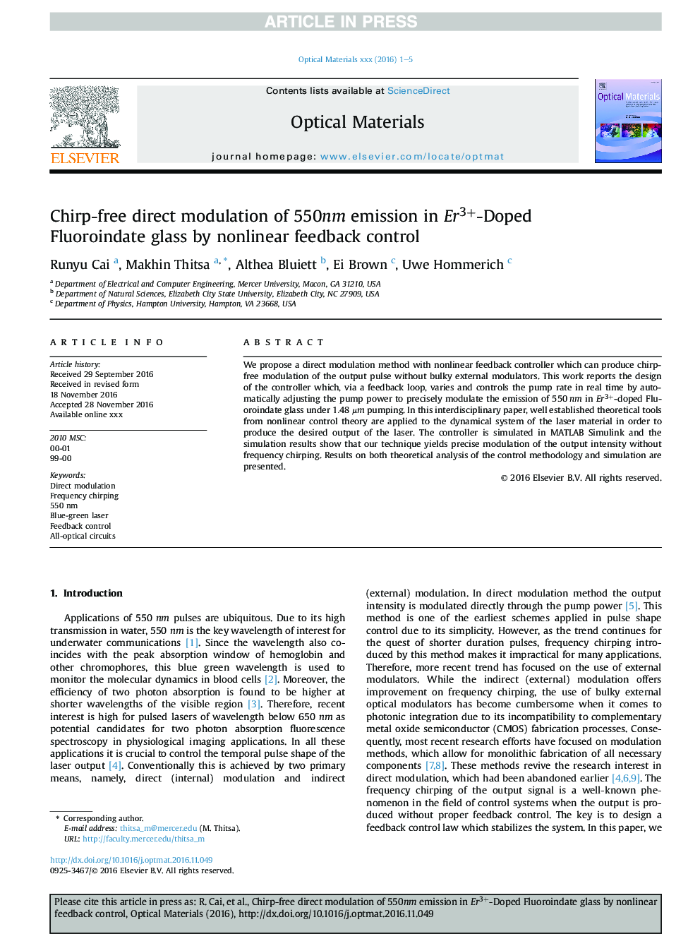 عکس صفحه اول مقاله: Chirp-free direct modulation of 550nm emission in Er3+-Doped Fluoroindate glass by nonlinear feedback control Chirp-free direct modulation of 550nm emission in Er3+-Doped Fluoroindate glass by nonlinear feedback control