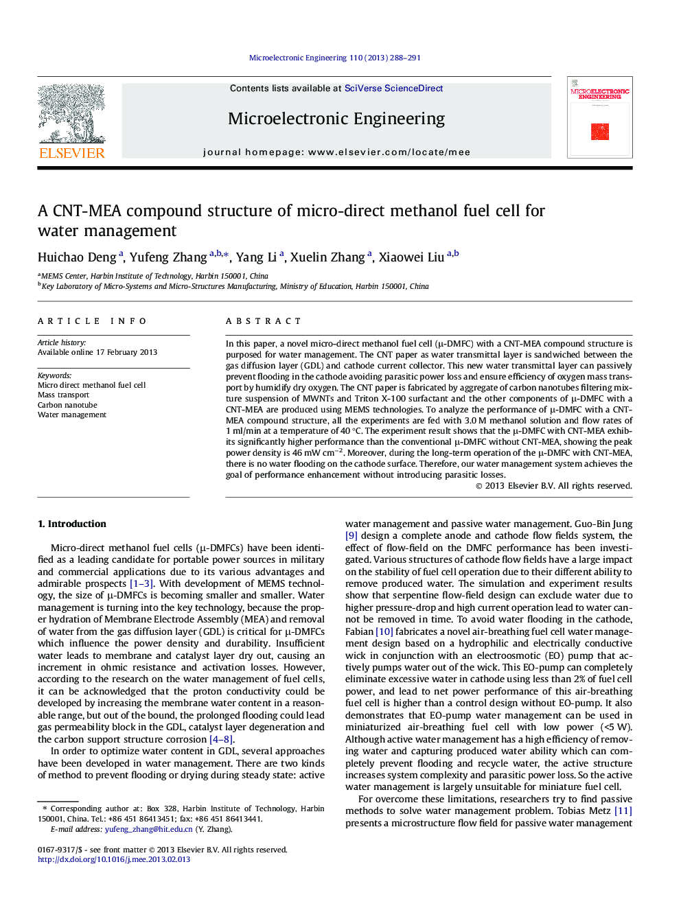 A CNT-MEA compound structure of micro-direct methanol fuel cell for water management