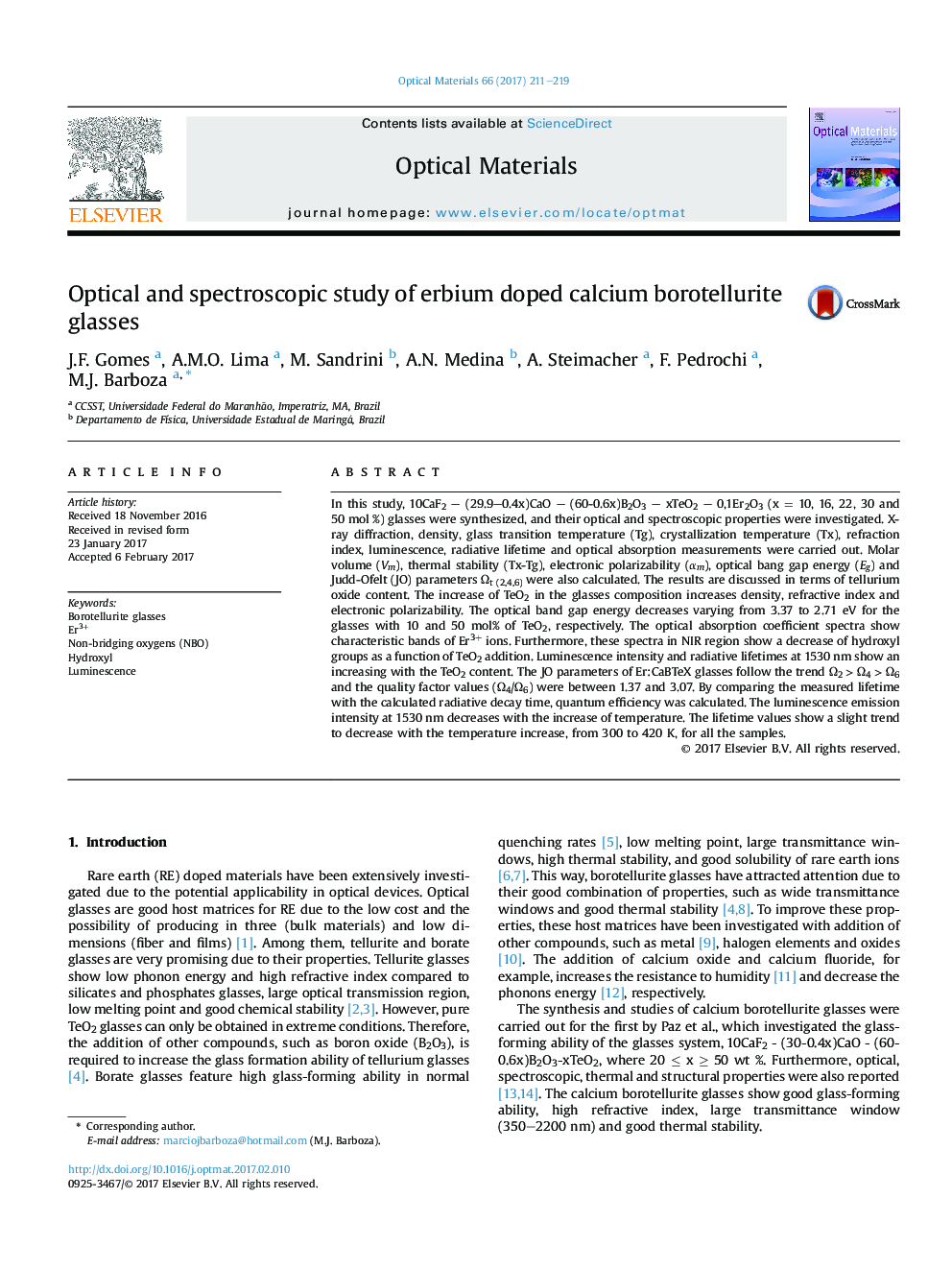 Optical and spectroscopic study of erbium doped calcium borotellurite glasses