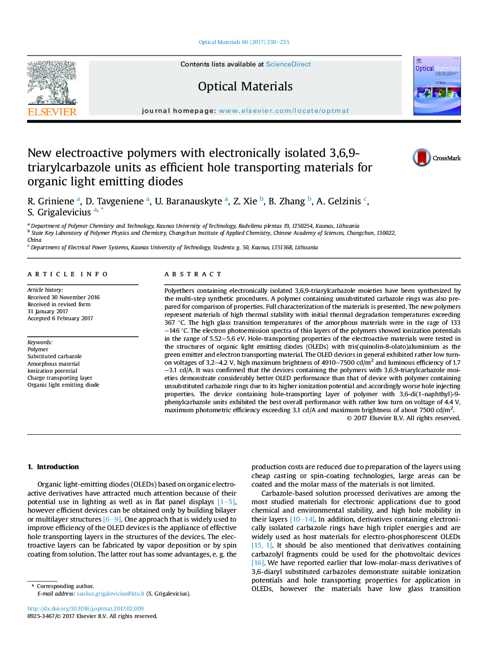 New electroactive polymers with electronically isolated 3,6,9-triarylcarbazole units as efficient hole transporting materials for organic light emitting diodes