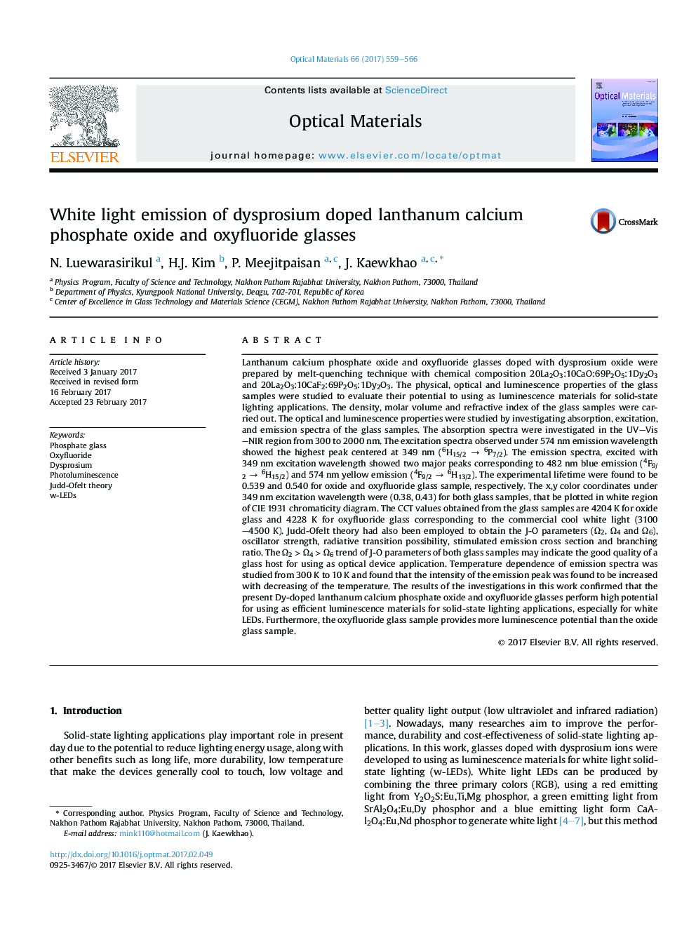 White light emission of dysprosium doped lanthanum calcium phosphate oxide and oxyfluoride glasses