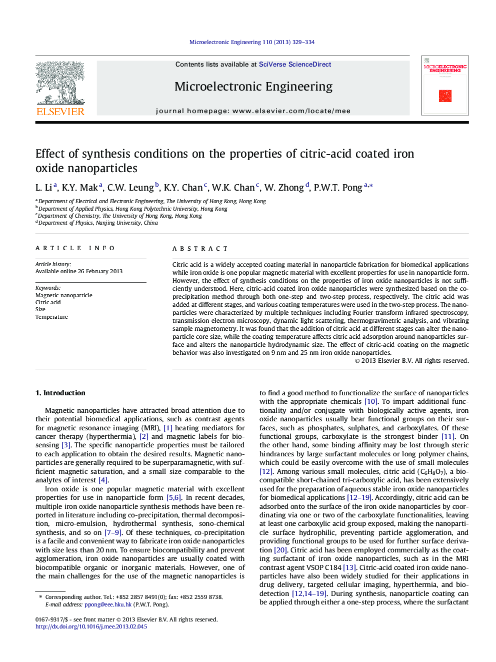 Effect of synthesis conditions on the properties of citric-acid coated iron oxide nanoparticles