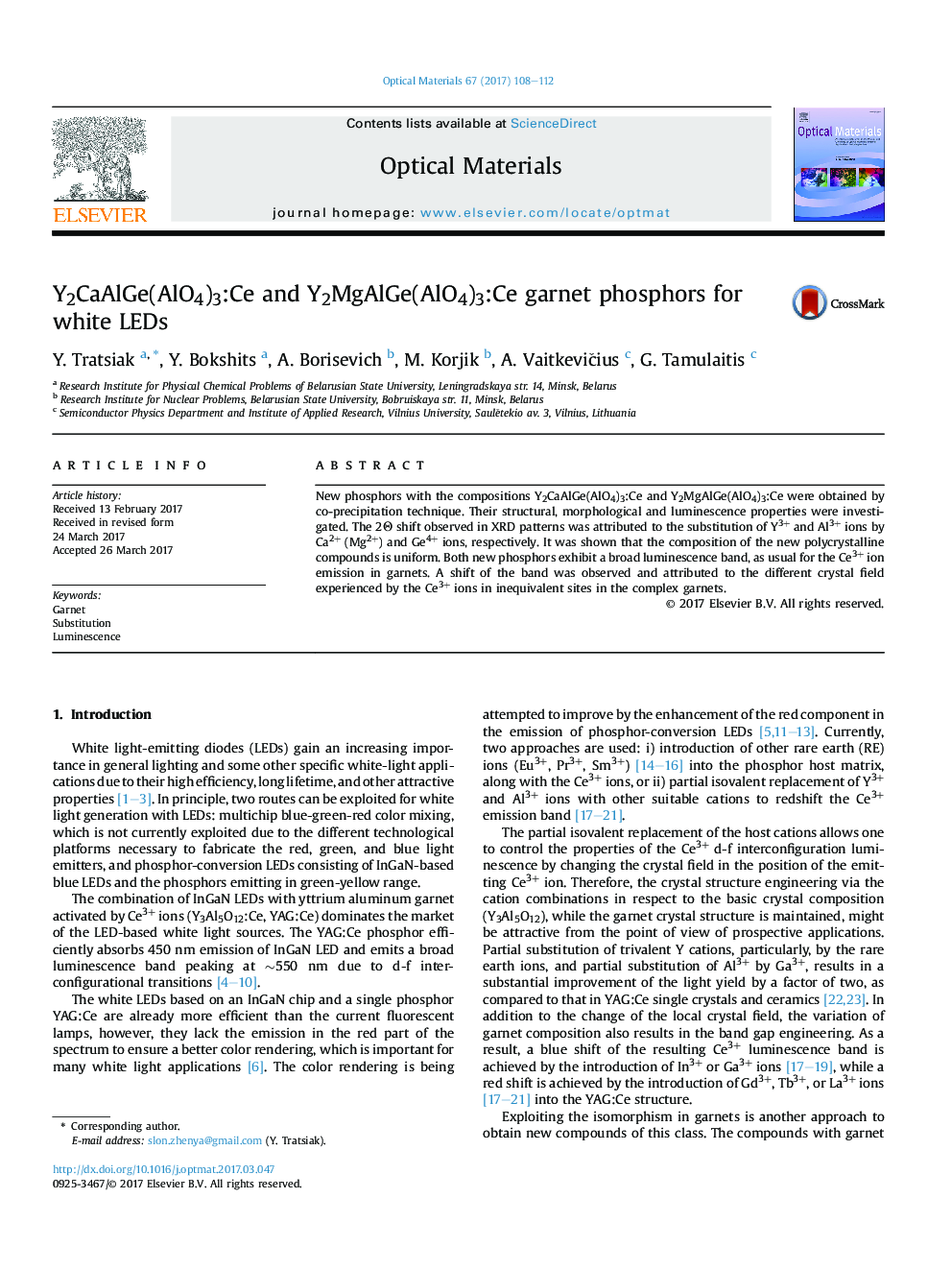 Y2CaAlGe(AlO4)3:Ce and Y2MgAlGe(AlO4)3:Ce garnet phosphors for white LEDs