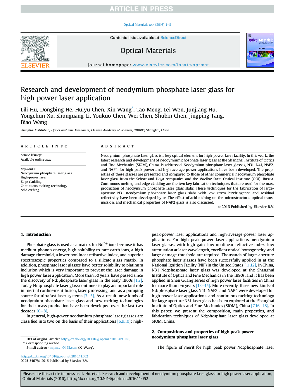 Research and development of neodymium phosphate laser glass for high power laser application