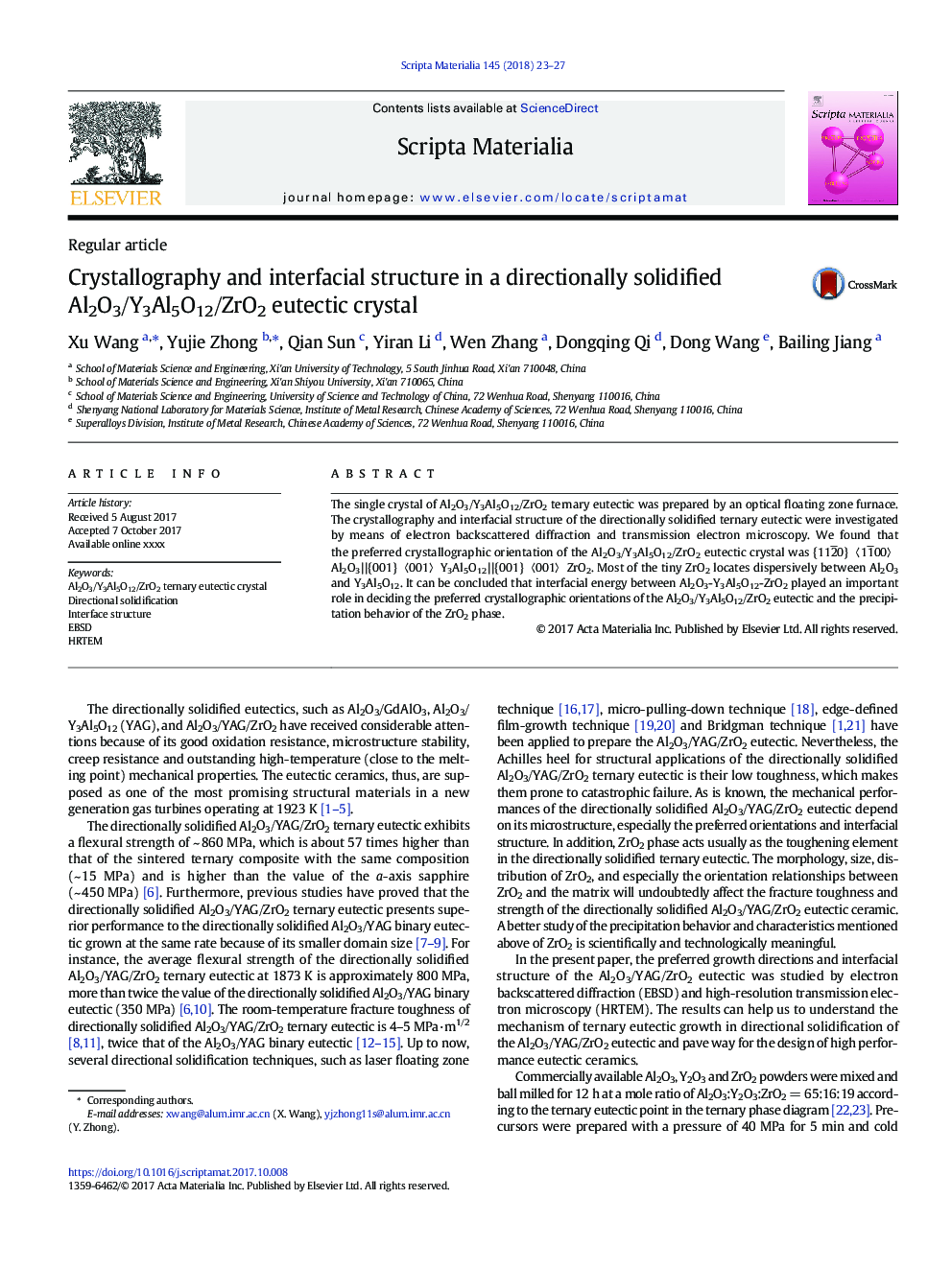 Crystallography and interfacial structure in a directionally solidified Al2O3/Y3Al5O12/ZrO2 eutectic crystal