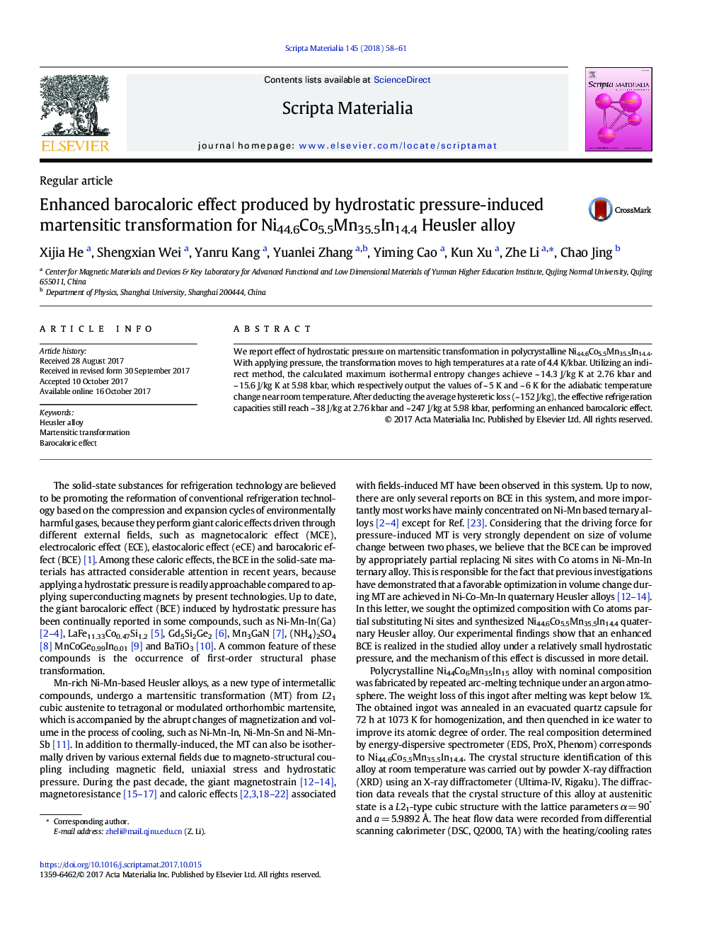 Enhanced barocaloric effect produced by hydrostatic pressure-induced martensitic transformation for Ni44.6Co5.5Mn35.5In14.4 Heusler alloy