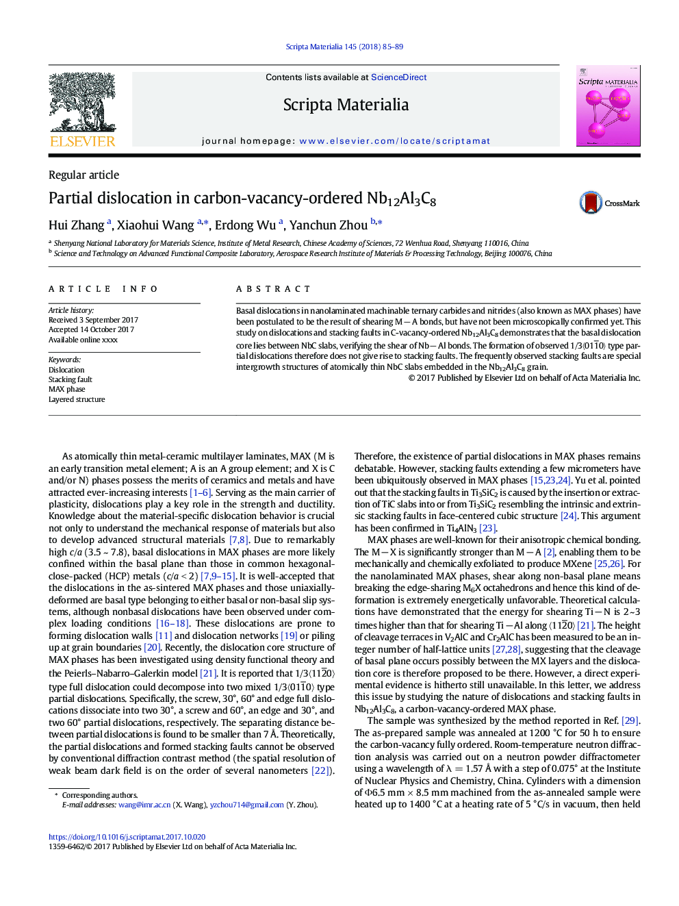 Partial dislocation in carbon-vacancy-ordered Nb12Al3C8