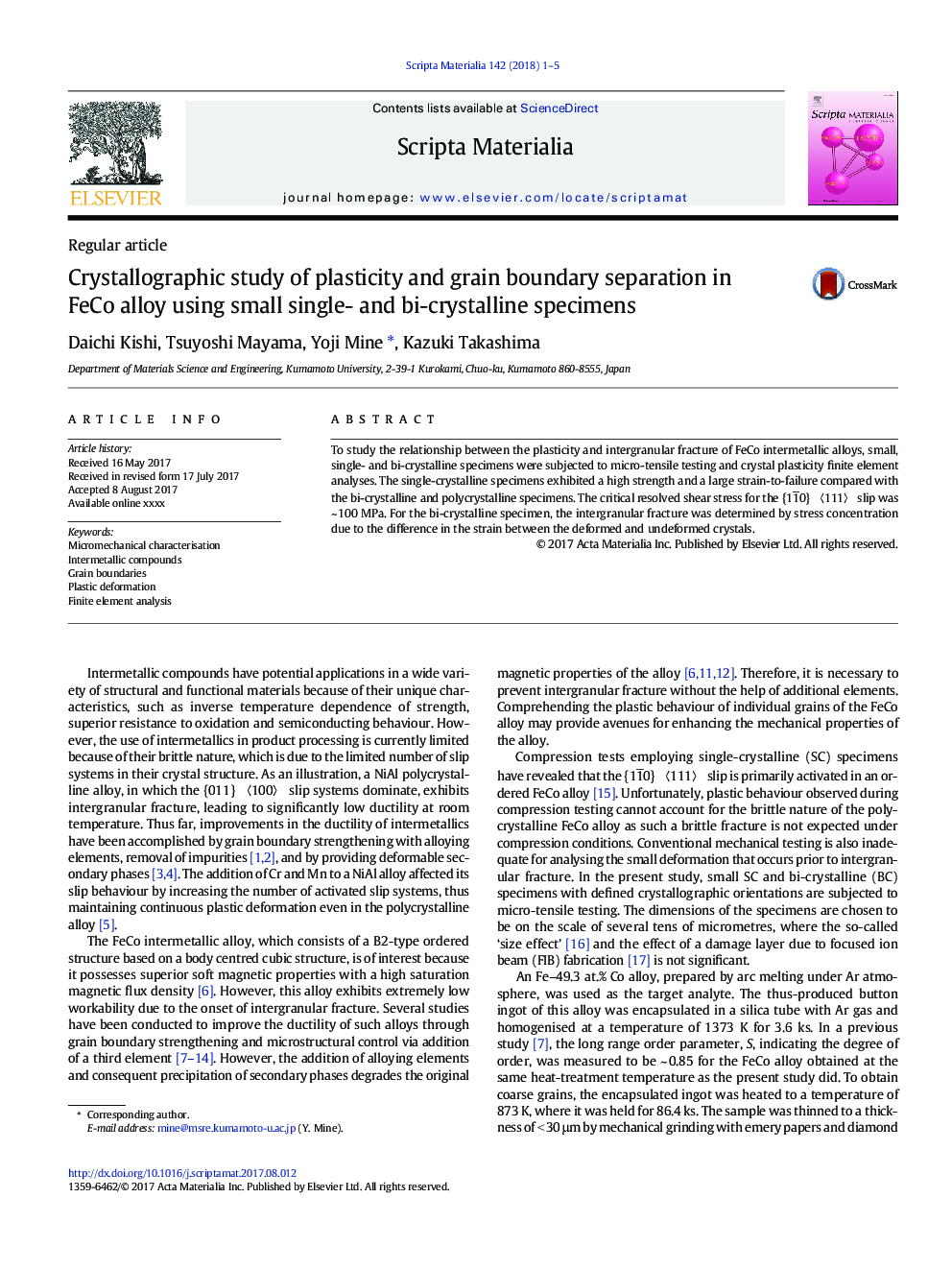 Crystallographic study of plasticity and grain boundary separation in FeCo alloy using small single- and bi-crystalline specimens