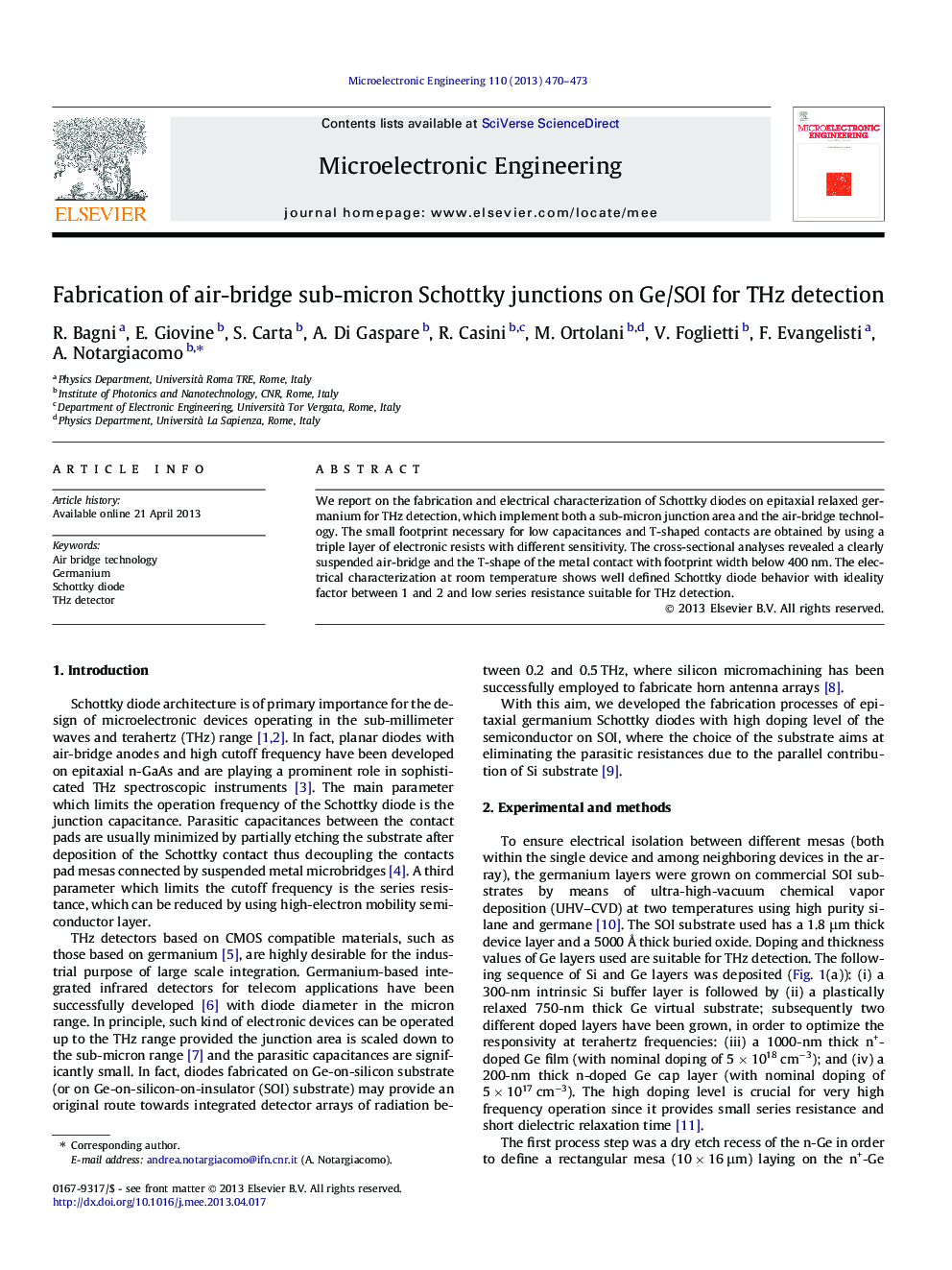 Fabrication of air-bridge sub-micron Schottky junctions on Ge/SOI for THz detection