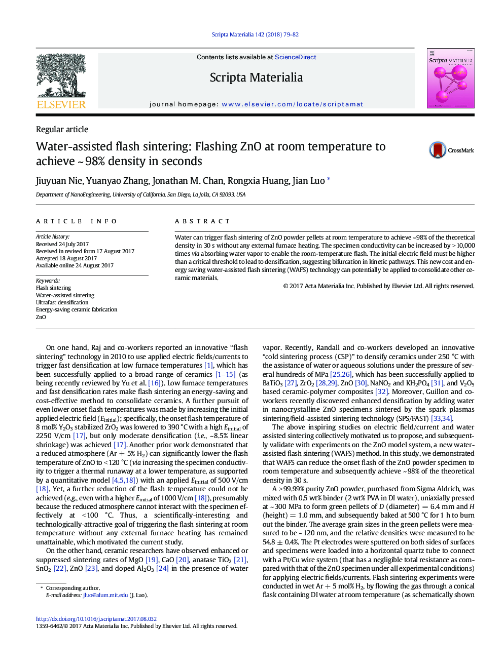 Water-assisted flash sintering: Flashing ZnO at room temperature to achieve ~Â 98% density in seconds