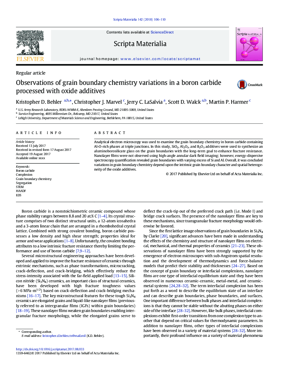 Observations of grain boundary chemistry variations in a boron carbide processed with oxide additives