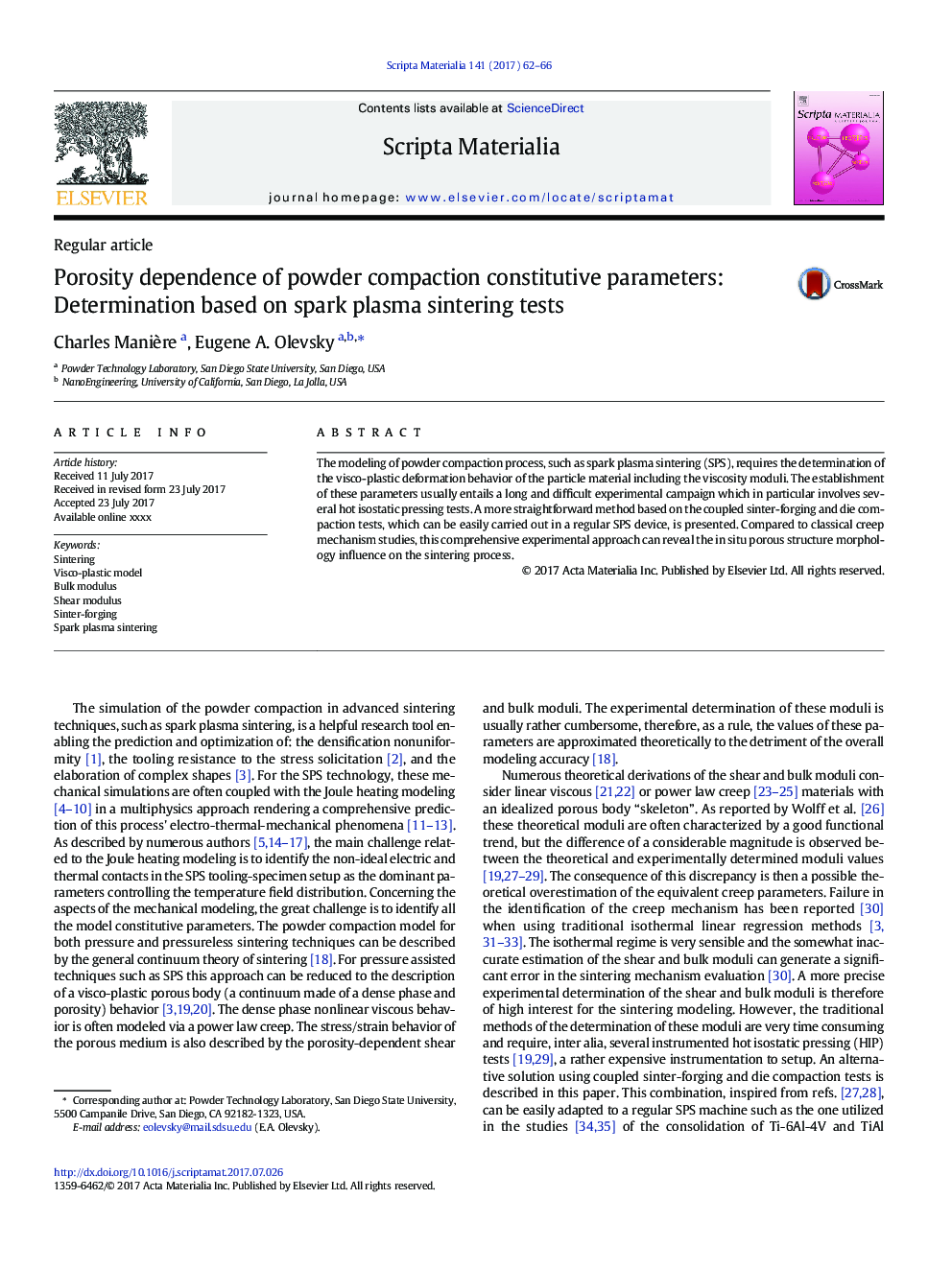 Porosity dependence of powder compaction constitutive parameters: Determination based on spark plasma sintering tests