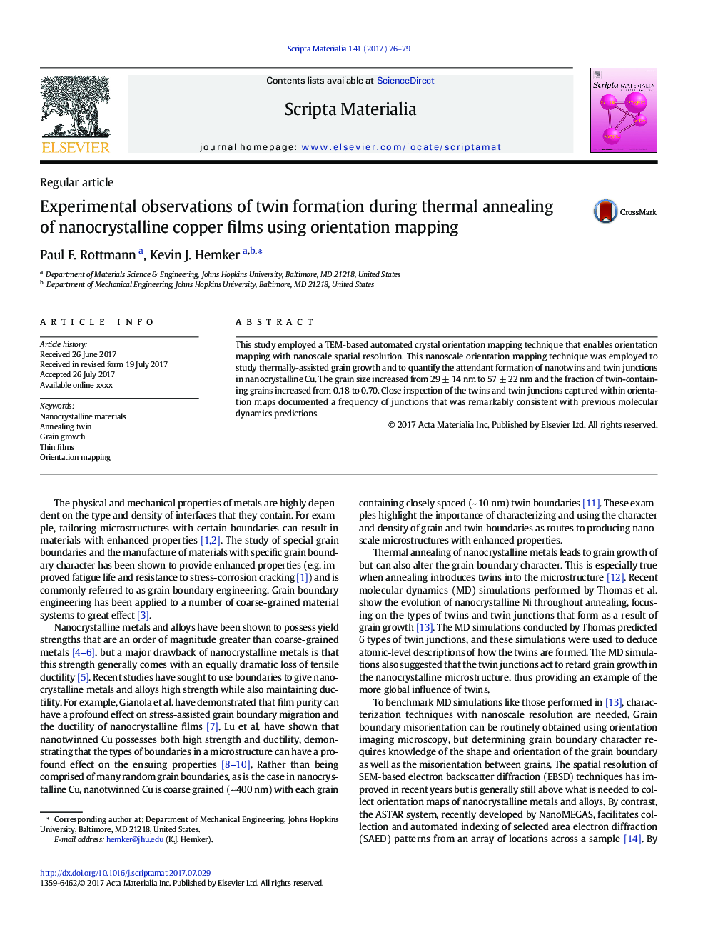 Experimental observations of twin formation during thermal annealing of nanocrystalline copper films using orientation mapping