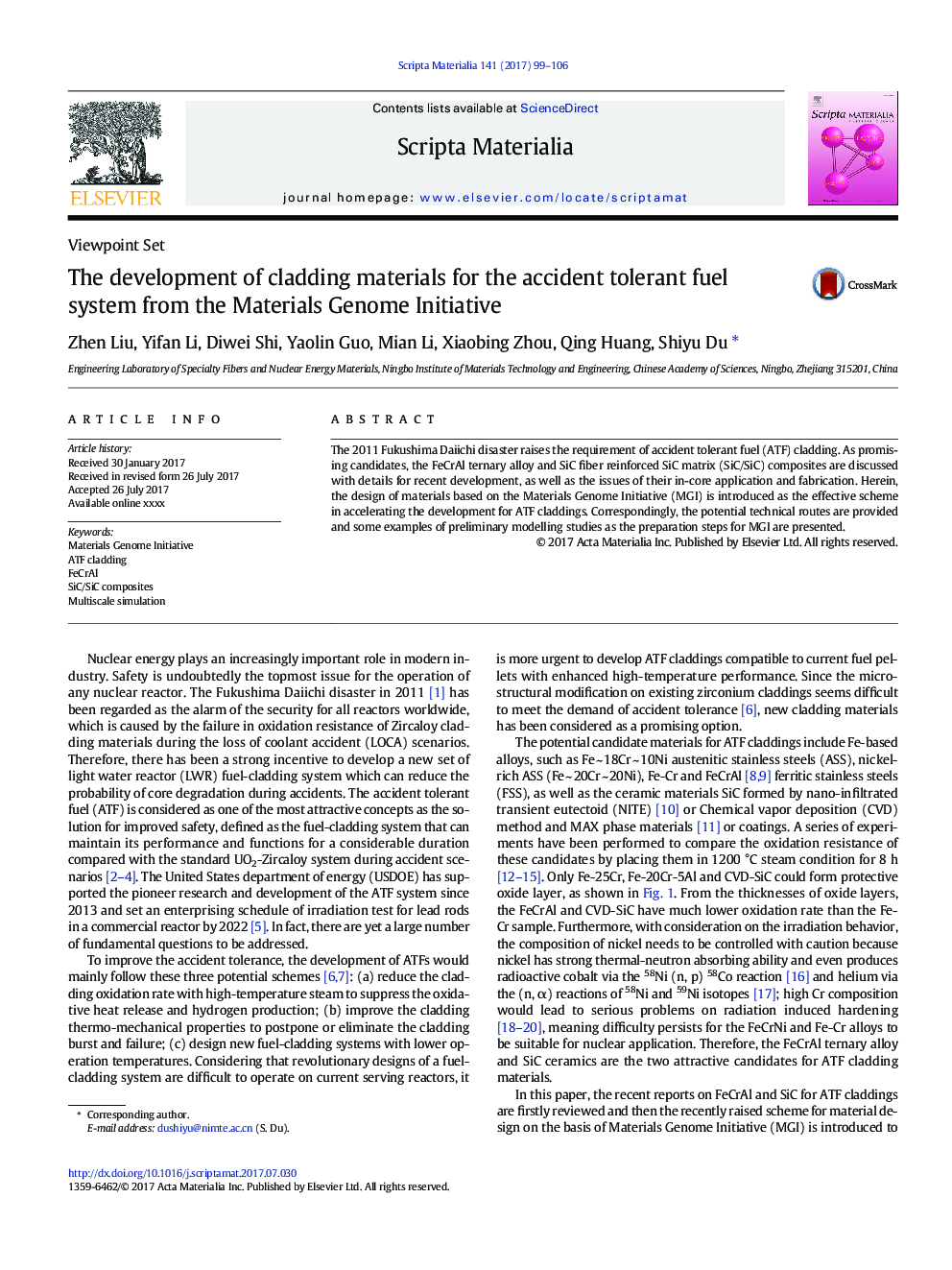 The development of cladding materials for the accident tolerant fuel system from the Materials Genome Initiative