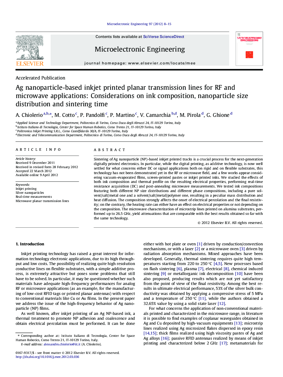 Ag nanoparticle-based inkjet printed planar transmission lines for RF and microwave applications: Considerations on ink composition, nanoparticle size distribution and sintering time