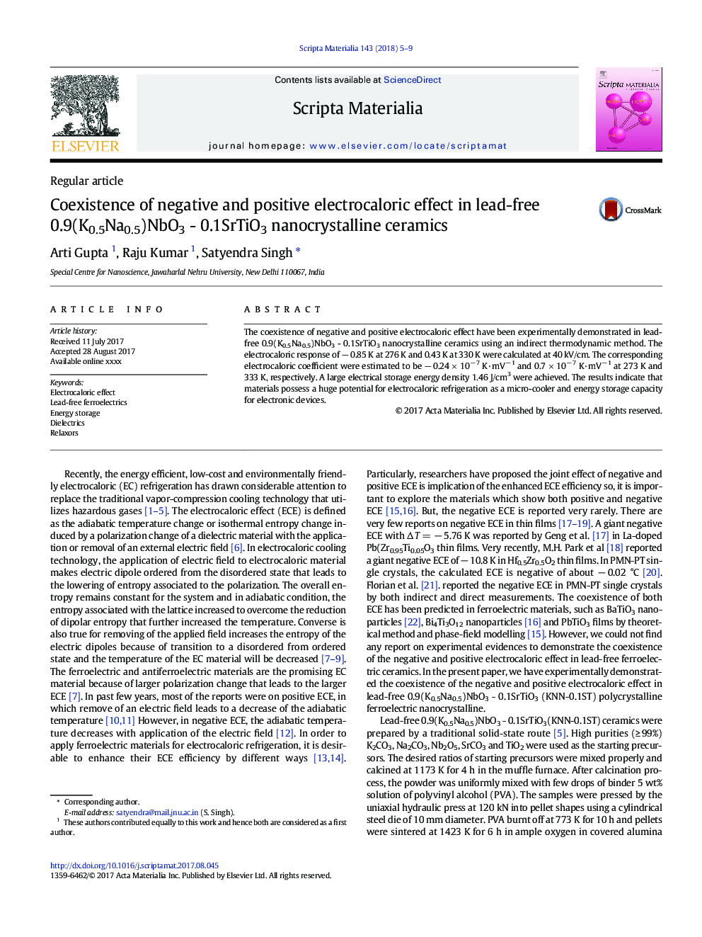 Coexistence of negative and positive electrocaloric effect in lead-free 0.9(K0.5Na0.5)NbO3 - 0.1SrTiO3 nanocrystalline ceramics