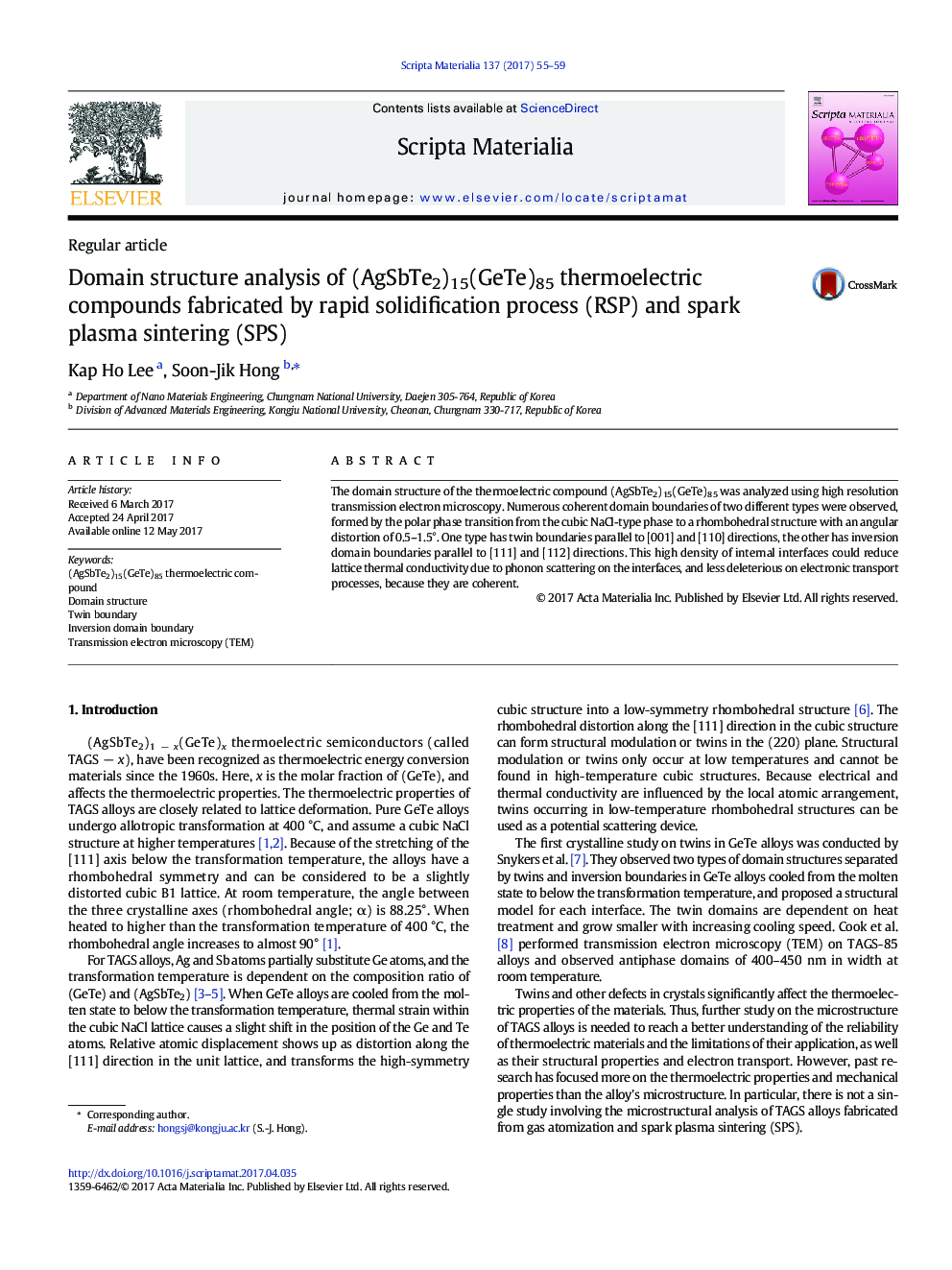 Domain structure analysis of (AgSbTe2)15(GeTe)85 thermoelectric compounds fabricated by rapid solidification process (RSP) and spark plasma sintering (SPS)