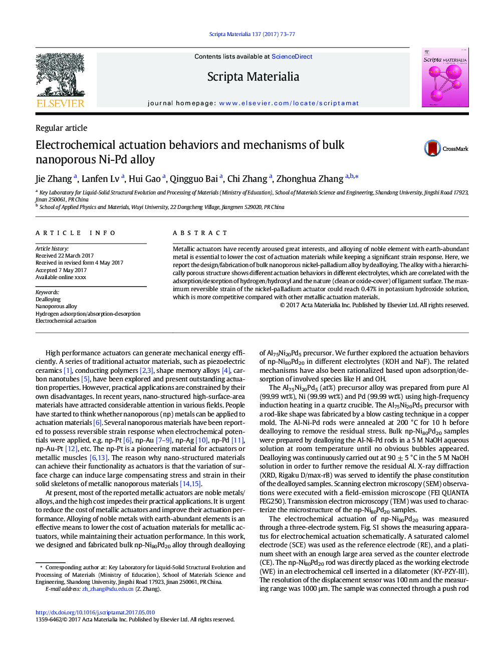 Electrochemical actuation behaviors and mechanisms of bulk nanoporous Ni-Pd alloy