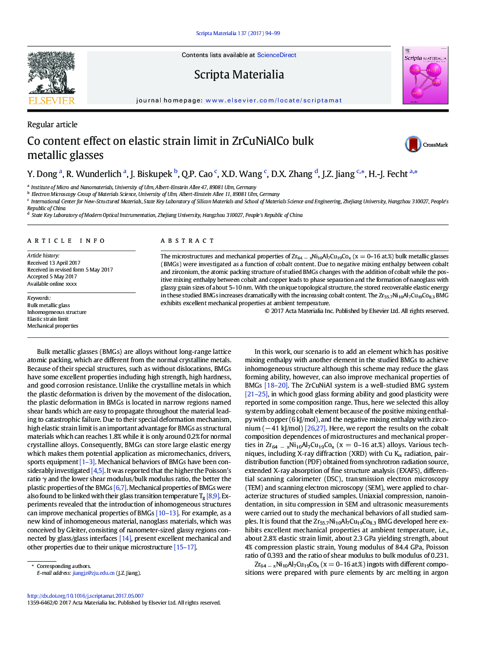 Co content effect on elastic strain limit in ZrCuNiAlCo bulk metallic glasses