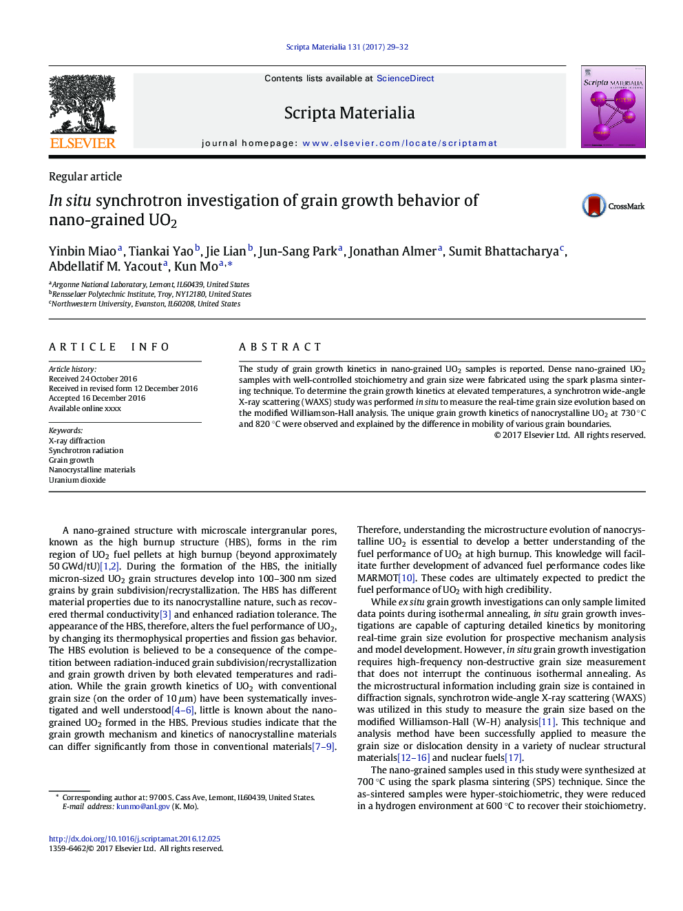 In situ synchrotron investigation of grain growth behavior of nano-grained UO2