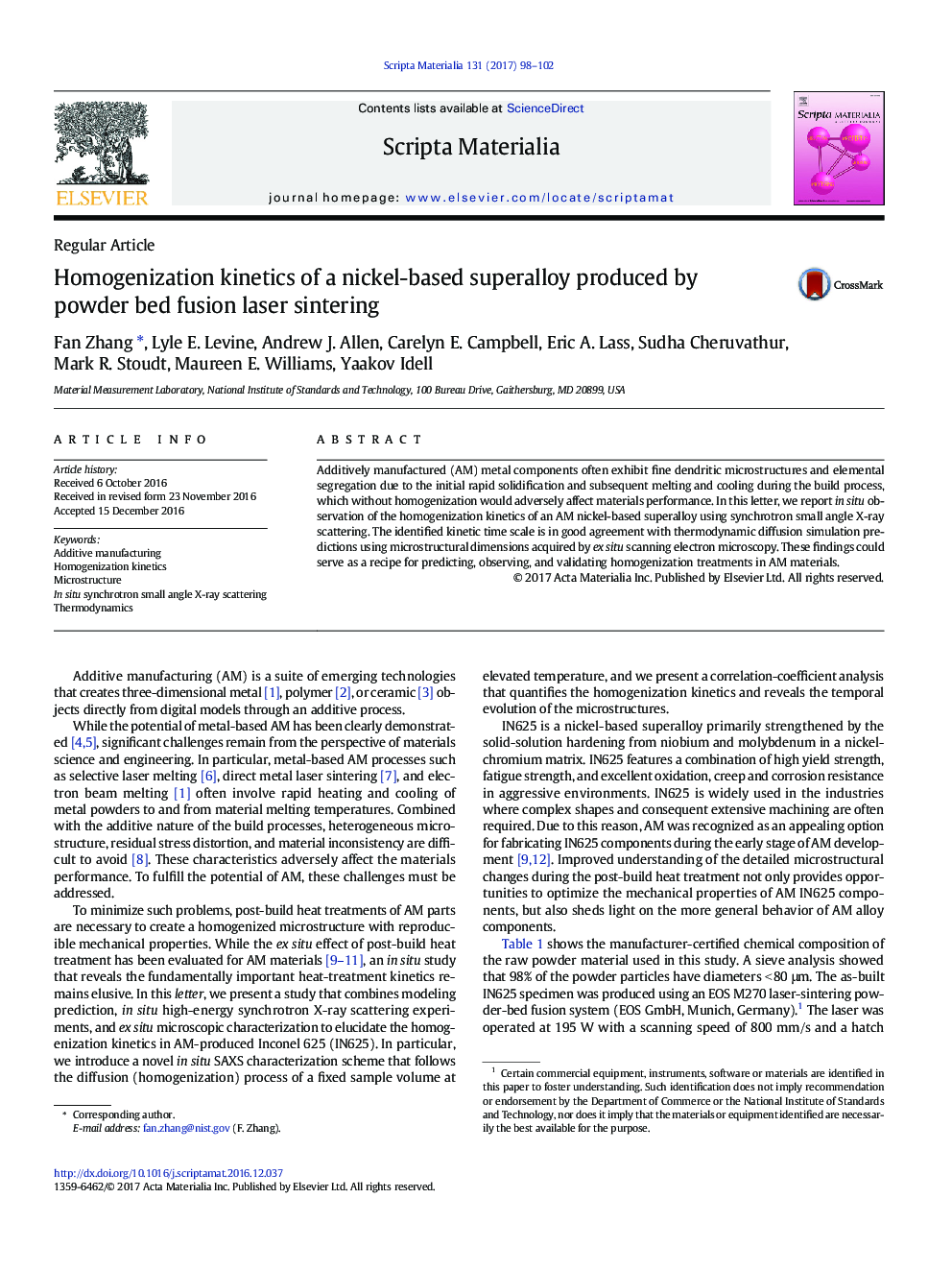 Homogenization kinetics of a nickel-based superalloy produced by powder bed fusion laser sintering